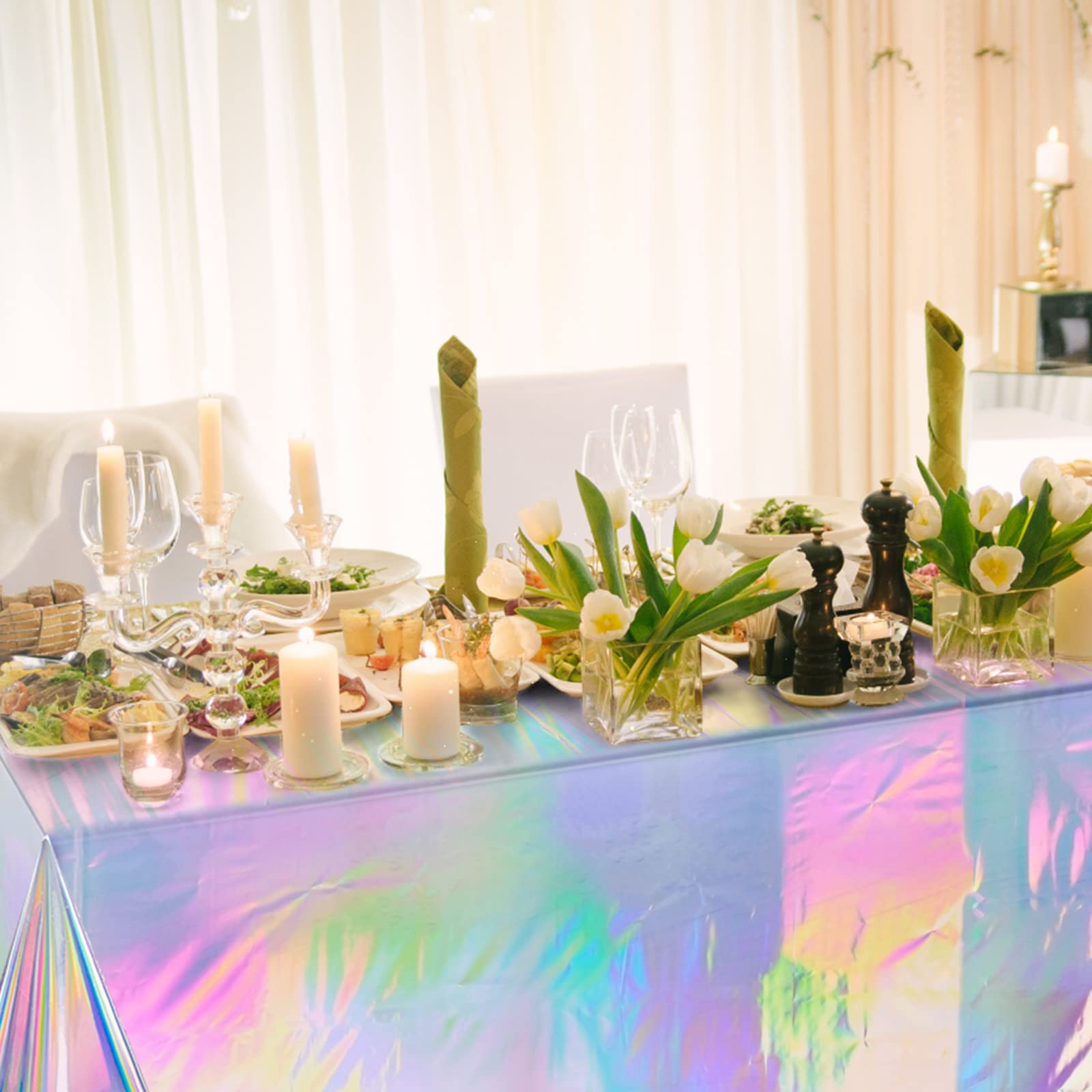 Funnypars 1 Pack Iridescence Plastic Tablecloths Shiny Disposable Laser Rectangle Table Covers Holographic Foil Tablecloth Iride