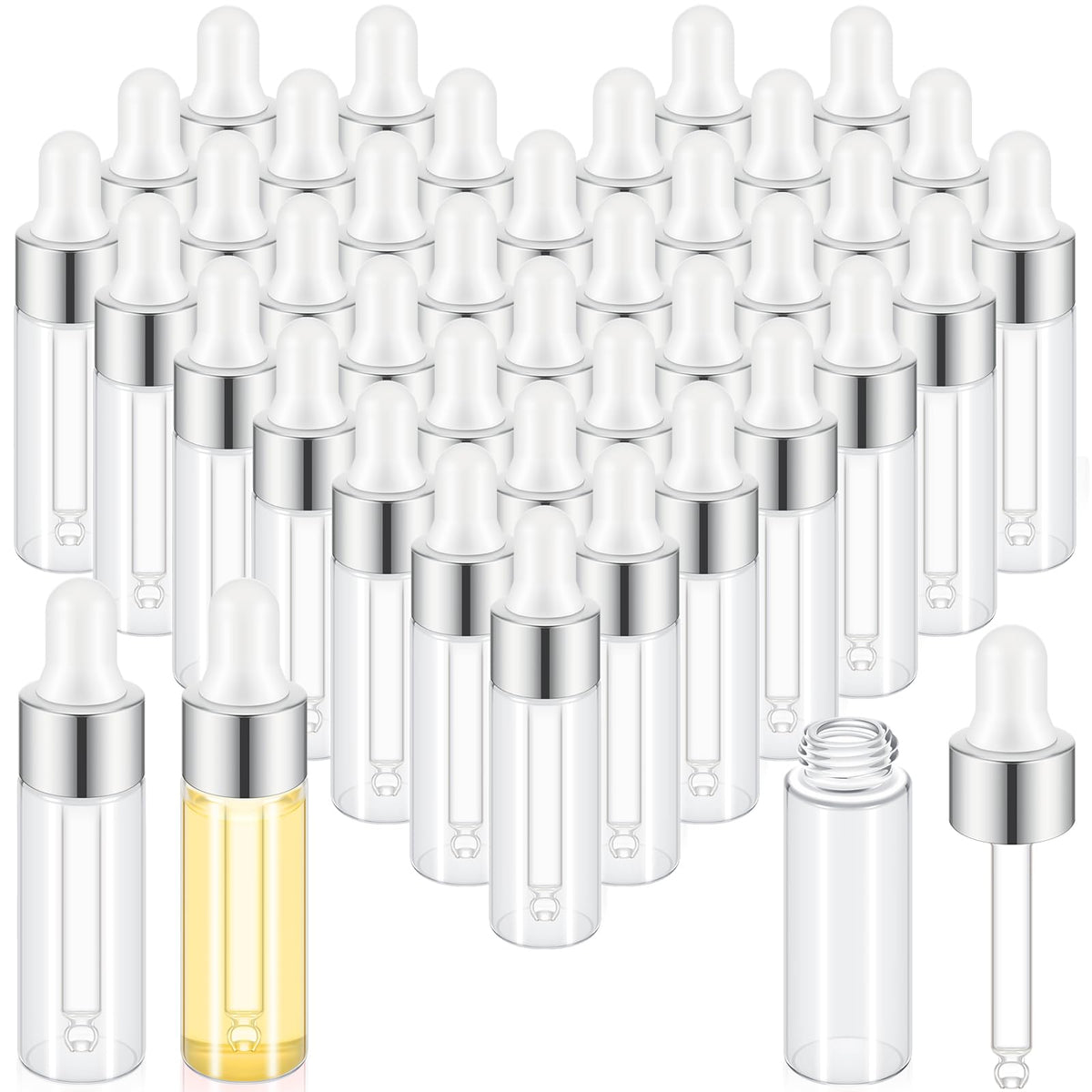 Didaey 100 Pcs Mini Glass Dropper Bottle Bulk, 5 Ml Sliver Clear Essential Oil Dropper Bottles Small Tincture Empty Bottles Samp