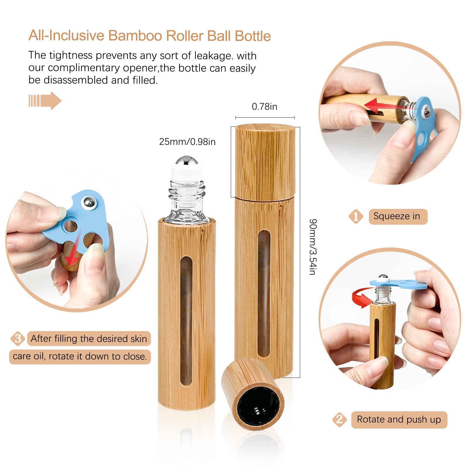 Mykasen 12Pcs 10Ml Roller Bottles Balls For Essential Oils, Roll On Bottles With Bamboo Shell Clear Glass Inner, Portable Refill