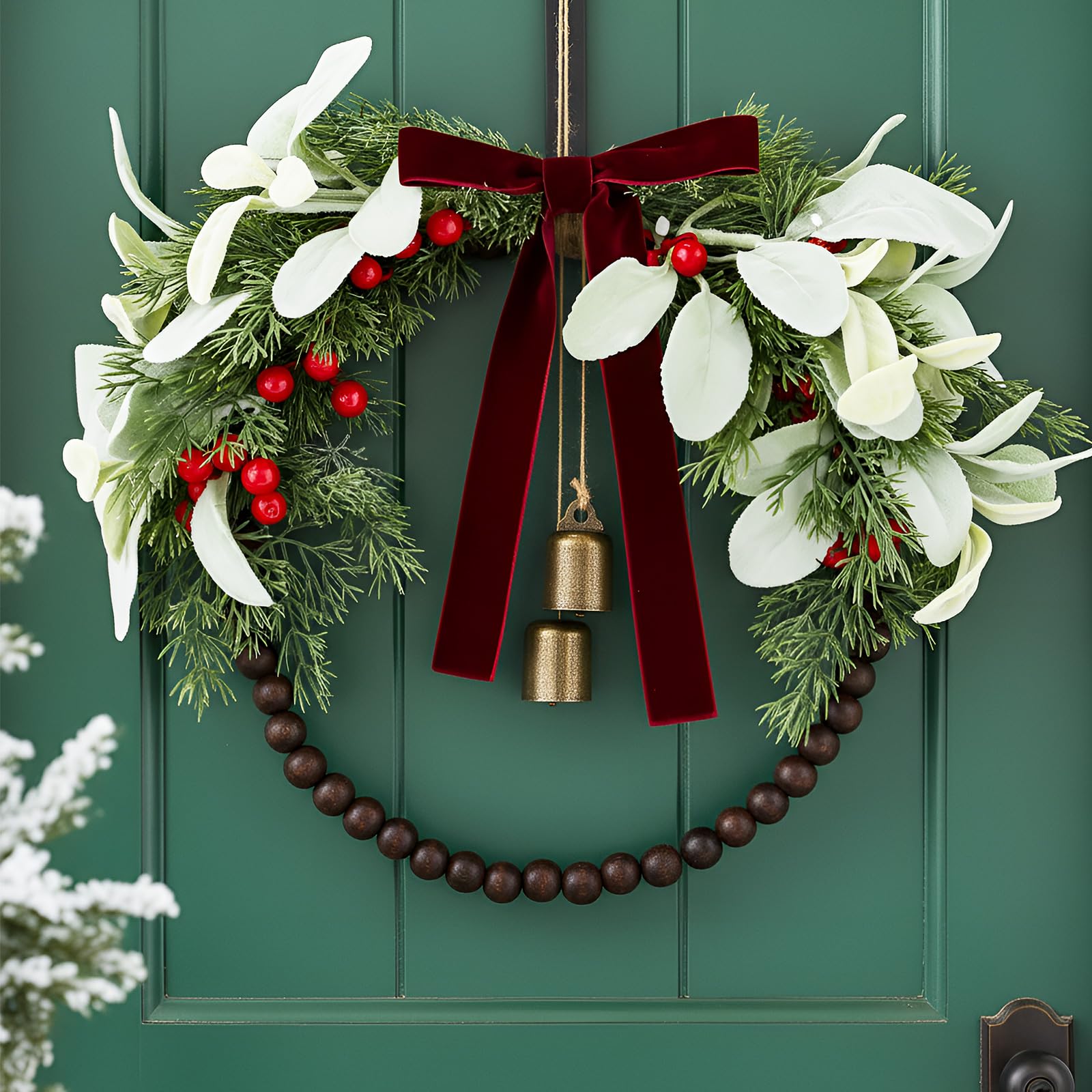 Suncalla 12 Inch Olive Norfolk Pine Christmas Wreath with Wooden Bead Bell Christmas Kitchen Cabinet Wreath for Front Door Farmh