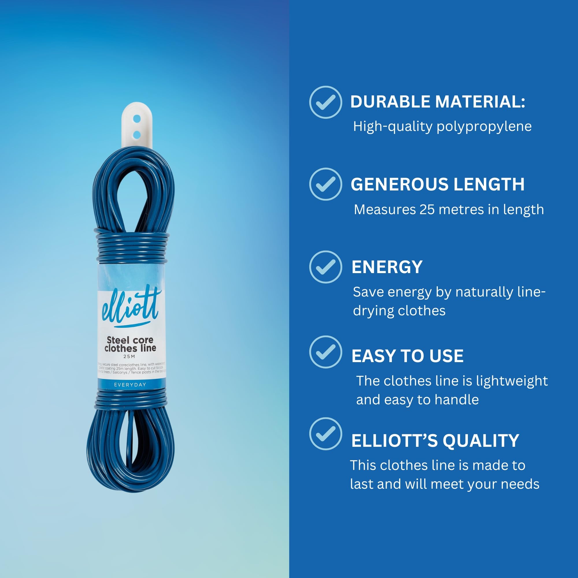 Elliott Steel core clothes Line  25 Meters  Extra Stong  Laundry Essential