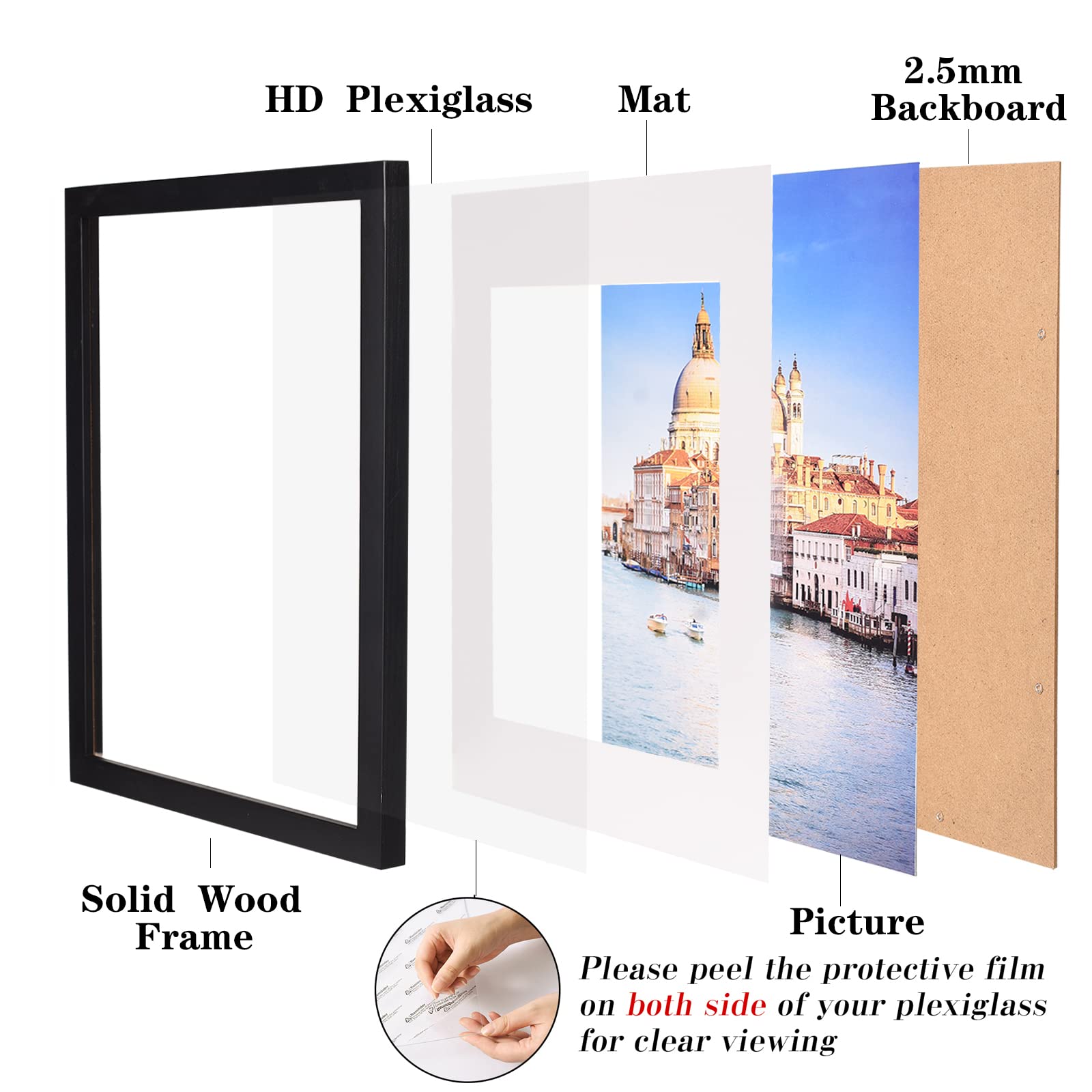 wyooxoo 8.5x11 Picture Frame Set of 4 Made of Solid Wood Photo Frames Display Pictures 6x8 with Mat or 8.5x11 Without Mat Colorf