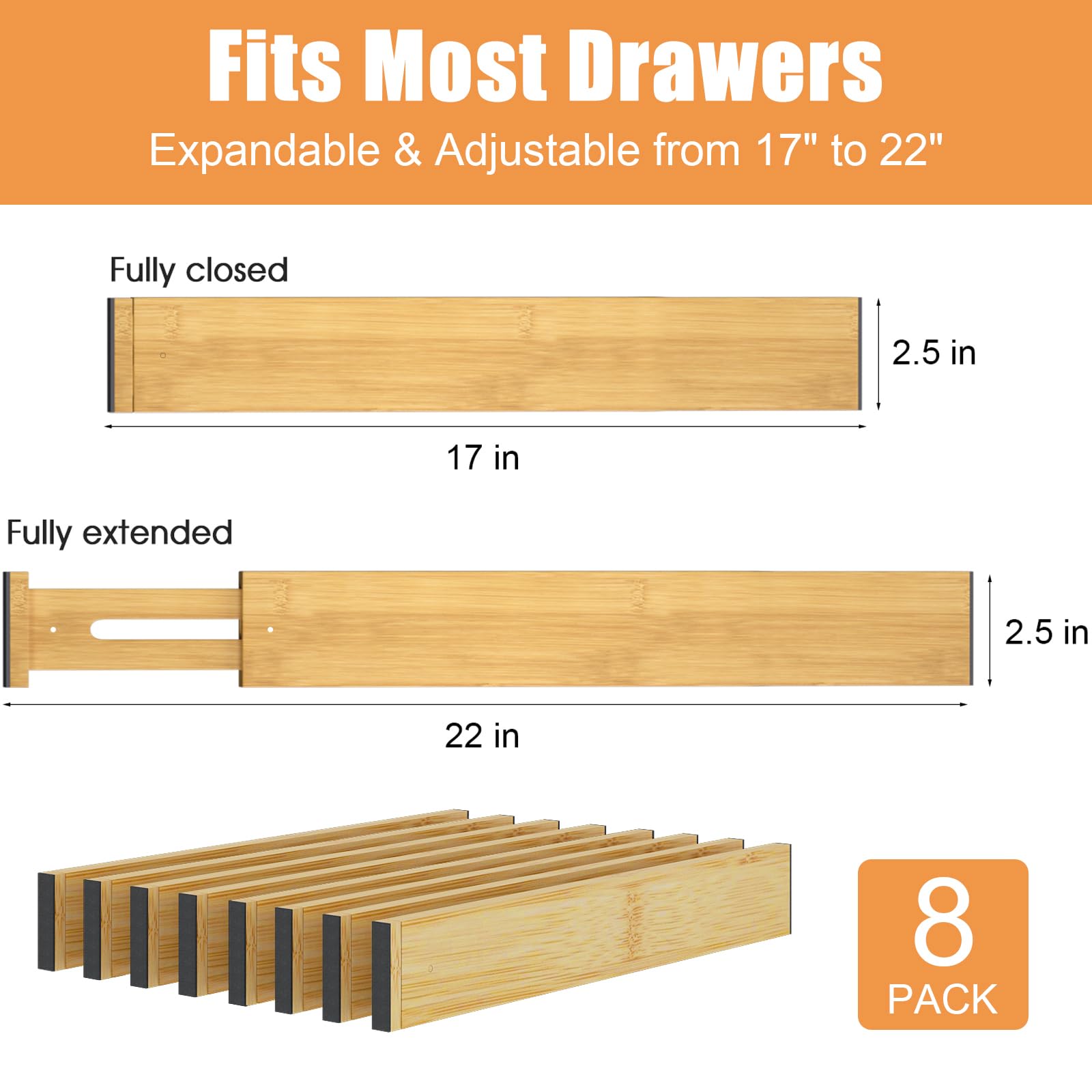 Ryqtop Bamboo Drawer Dividers,17-22'' Adjustable Kitchen Drawer Organizer for Clothes,8 Pack Expandable Drawer Organization Sepa