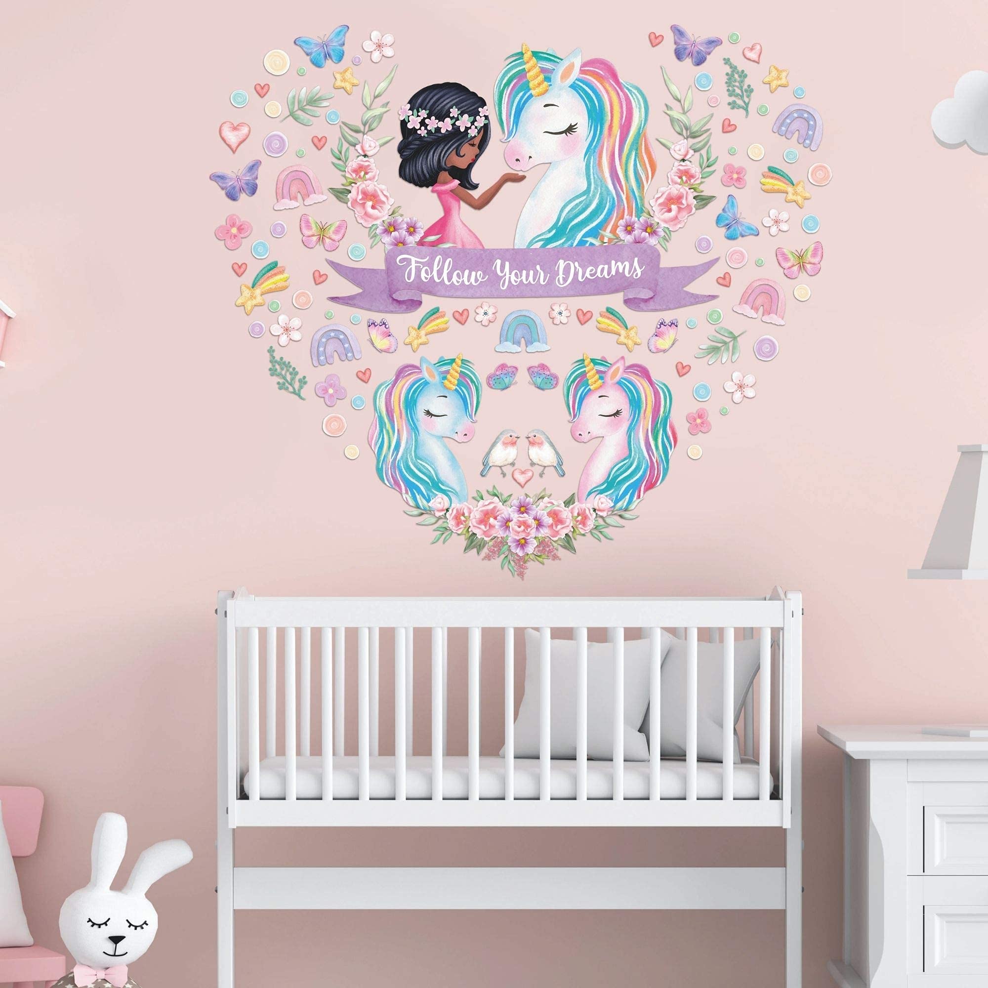 4 Sheet Large Unicorn Wall Decals for Girls Bedroom Unicorn Wall Decor Unicorn Wall Stickers Birthday Gifts Unicorn Bedroom Decor for Girls Rainbow Wall Decal Black Girls Kids Nursery Room Decor