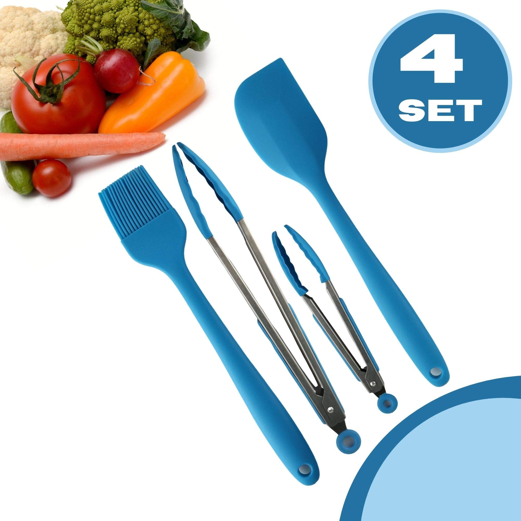 Heavy Duty Silicone Food Basting Brush and Tongs Kitchen Set  Heat Resistant with Stainless Steel for BBQ Grill & Baking  Soft Bristles and Long Handle  2 Tongs  1 Brush  and 1 Spatula (4 in 1 Set)