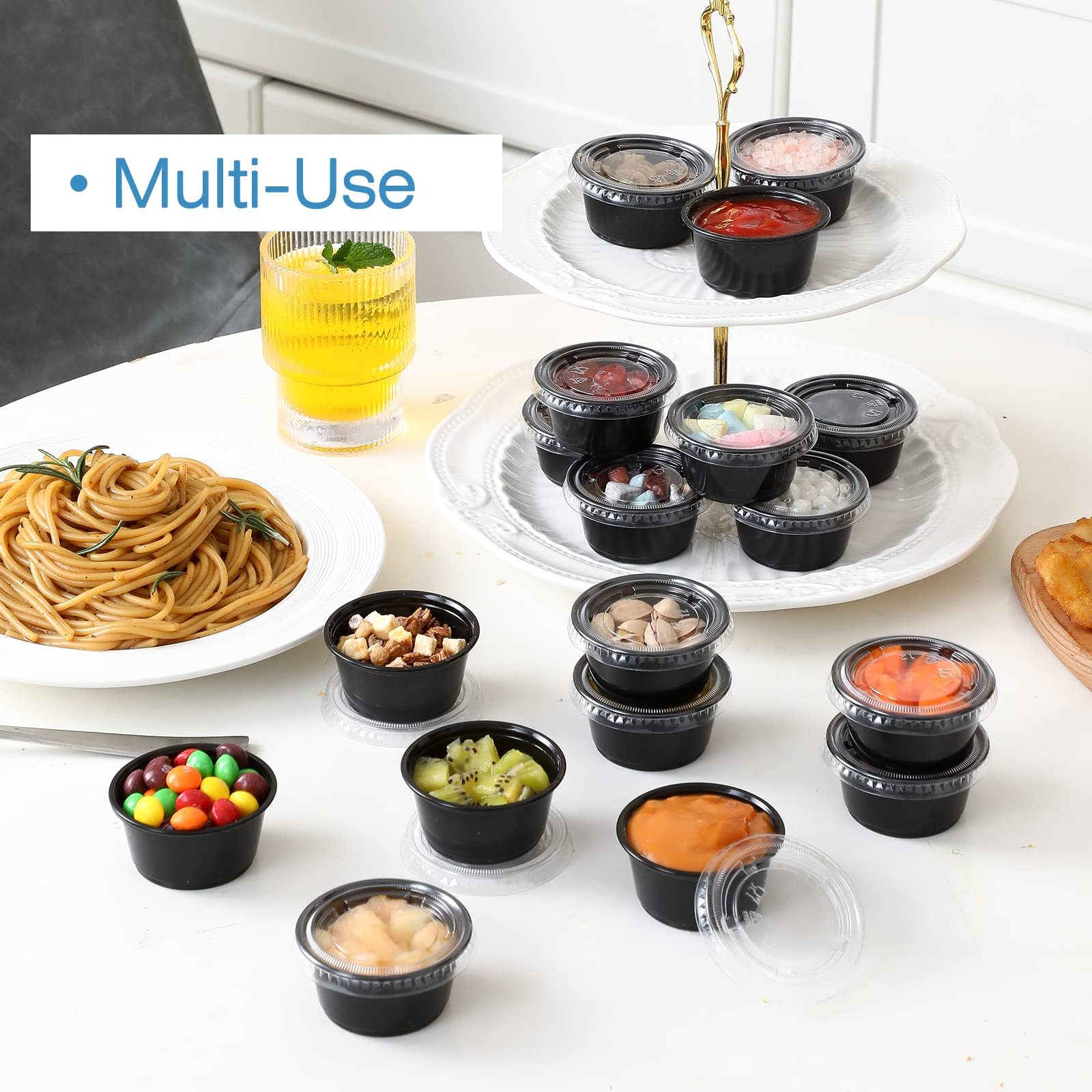 [130 Sets - 2 Oz ] Black Plastic Portion Cups, Jello Shot Cups, Small Plastic Containers With Lids, Airtight Salad Dressing Cont