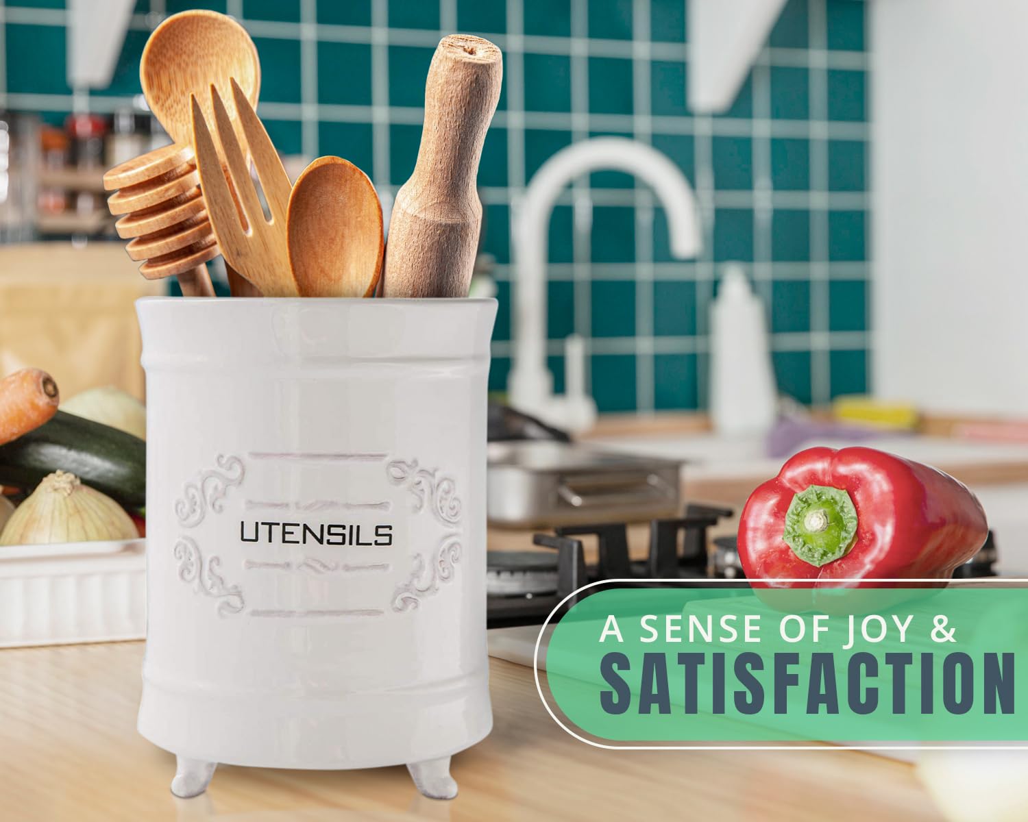 French White Ceramic Utensil Holder - Vintage Style Kitchen Utensil Caddy - Shabby Chic Cooking Utensil Organizer for Countertop - Rustic French Country Utensil Crock for Cooking Enthuziast