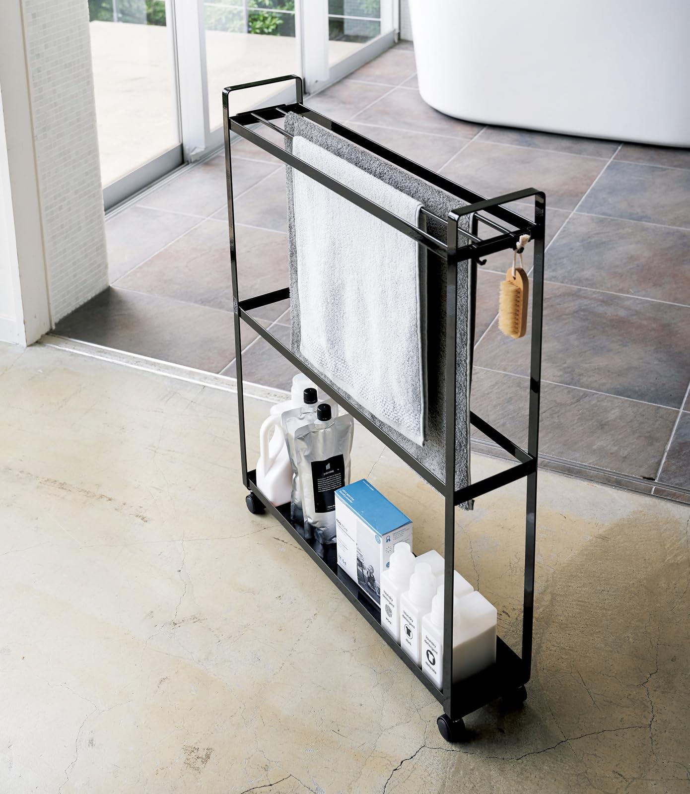 YAMAZAKI home 4293 Towel Rack and Bath Cart-Rolling Bathroom Storage Organizer  One Size  Black