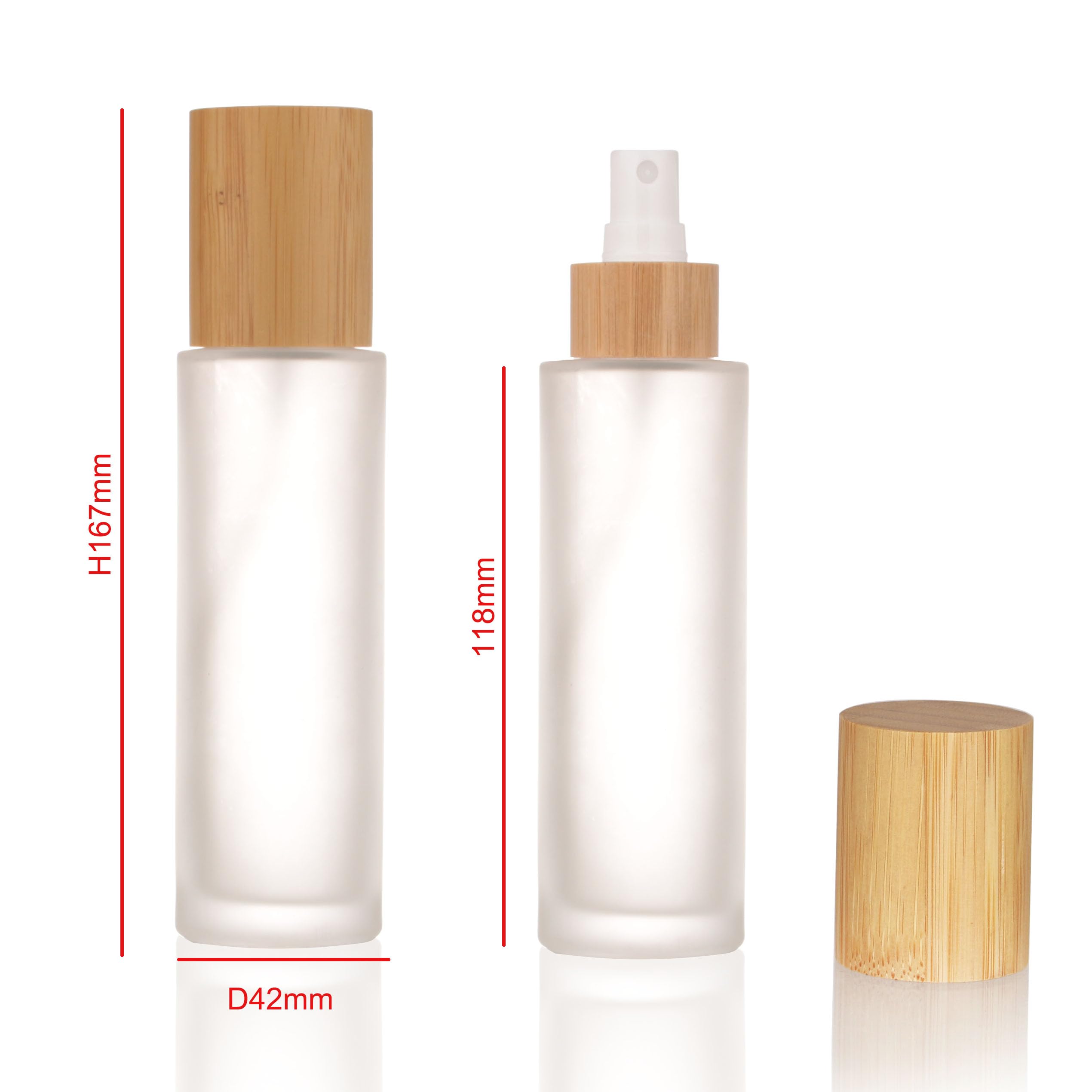 Cosidea 4 Pcs Empty 3.33Oz / 100Ml Bamboo Lid Frosted Glass Spray Bottle With Fine Mist Despenser Head For Liquid Perfume Toilet