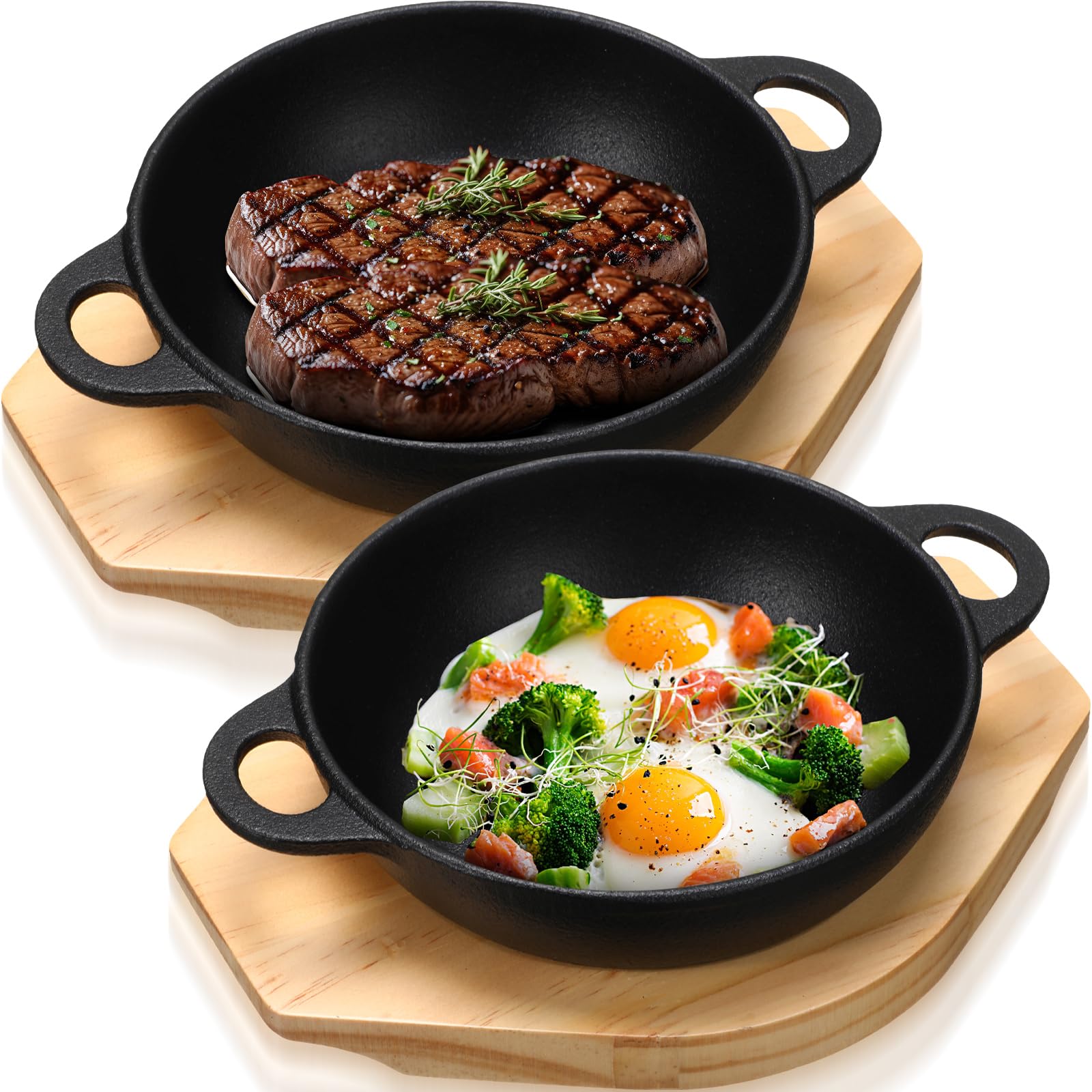 Jingmore 2 Sets 9.45 Inch Cast Iron Skillet with Wooden Base Dual Handle