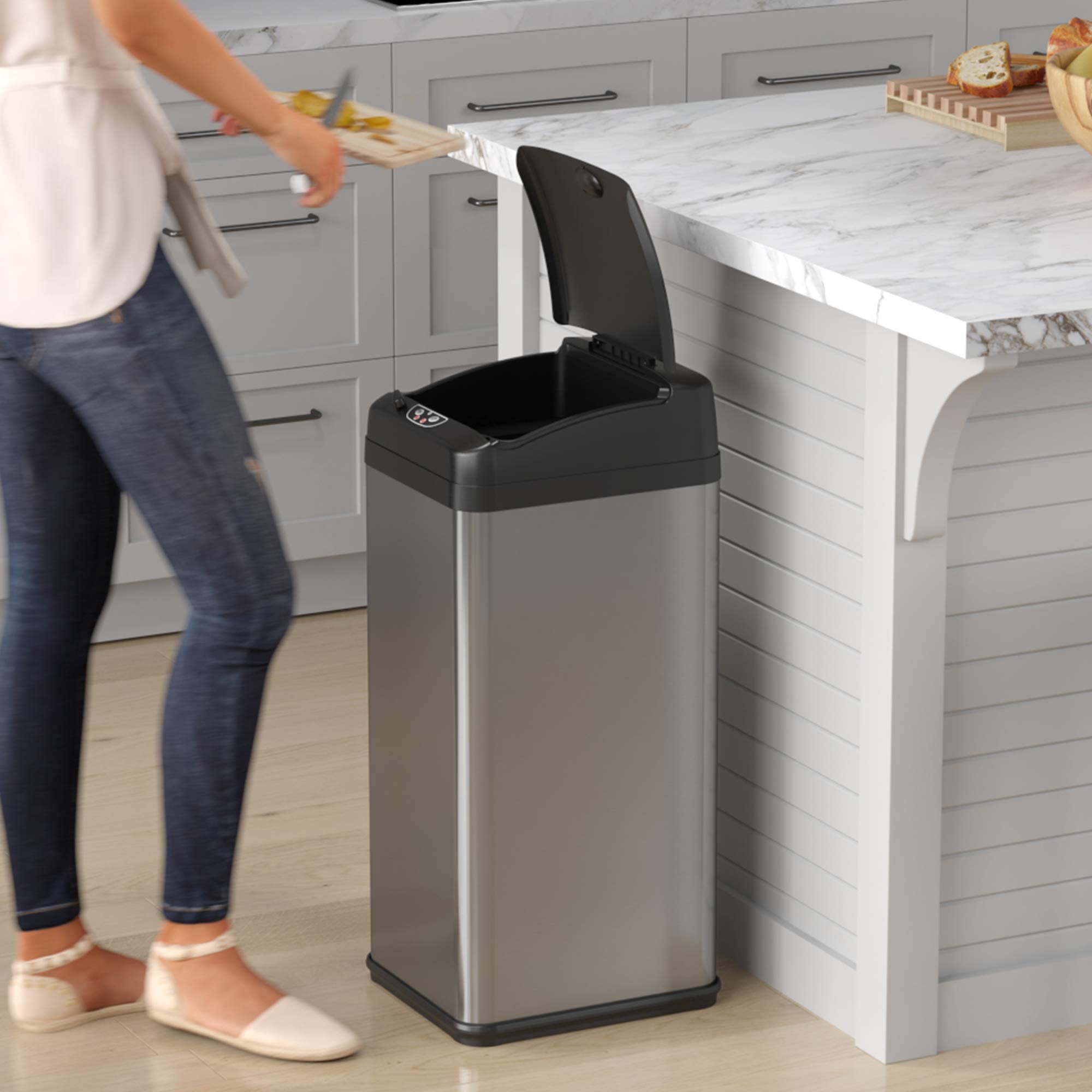 Itouchless 13 Gallon Sensor Kitchen Trash Can With Lid And Odor Filter, Stainless Steel Trashcan Extra-Wide Lid Opening Slim Gar
