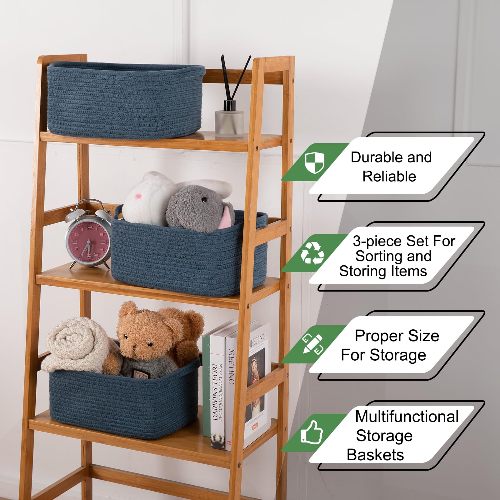 Oiahomy Cotton Rope Woven Baskets For Storage, Nursery Rectangle Storage Basket With Handles For Shelves, Pack Of 3, Blue