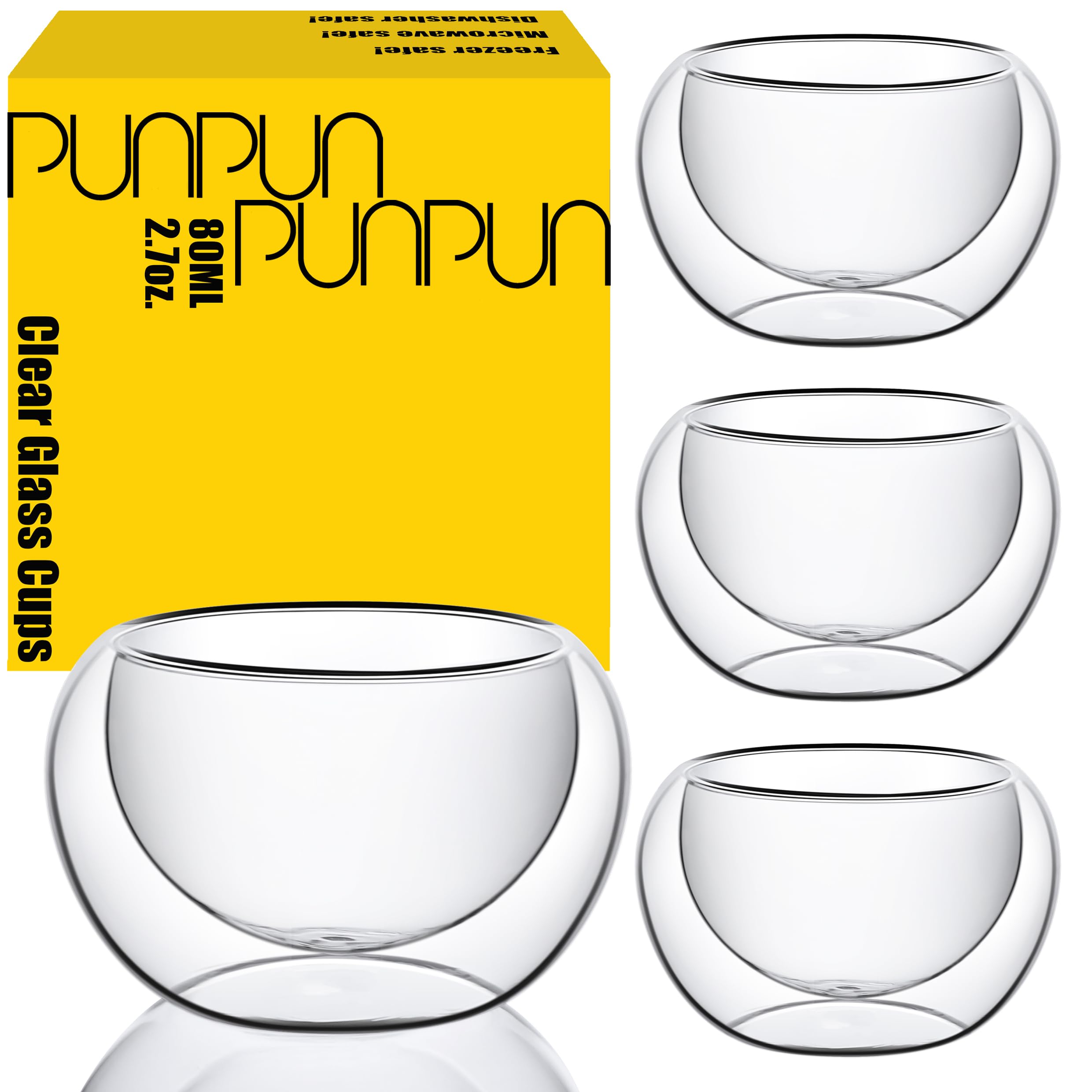 PunPun 2.7oz. 80ml Tea Cups Double Wall Borosilicate Glass Tea Cups Espresso Cups Heatproof Insulating Teacups glass Set of 4