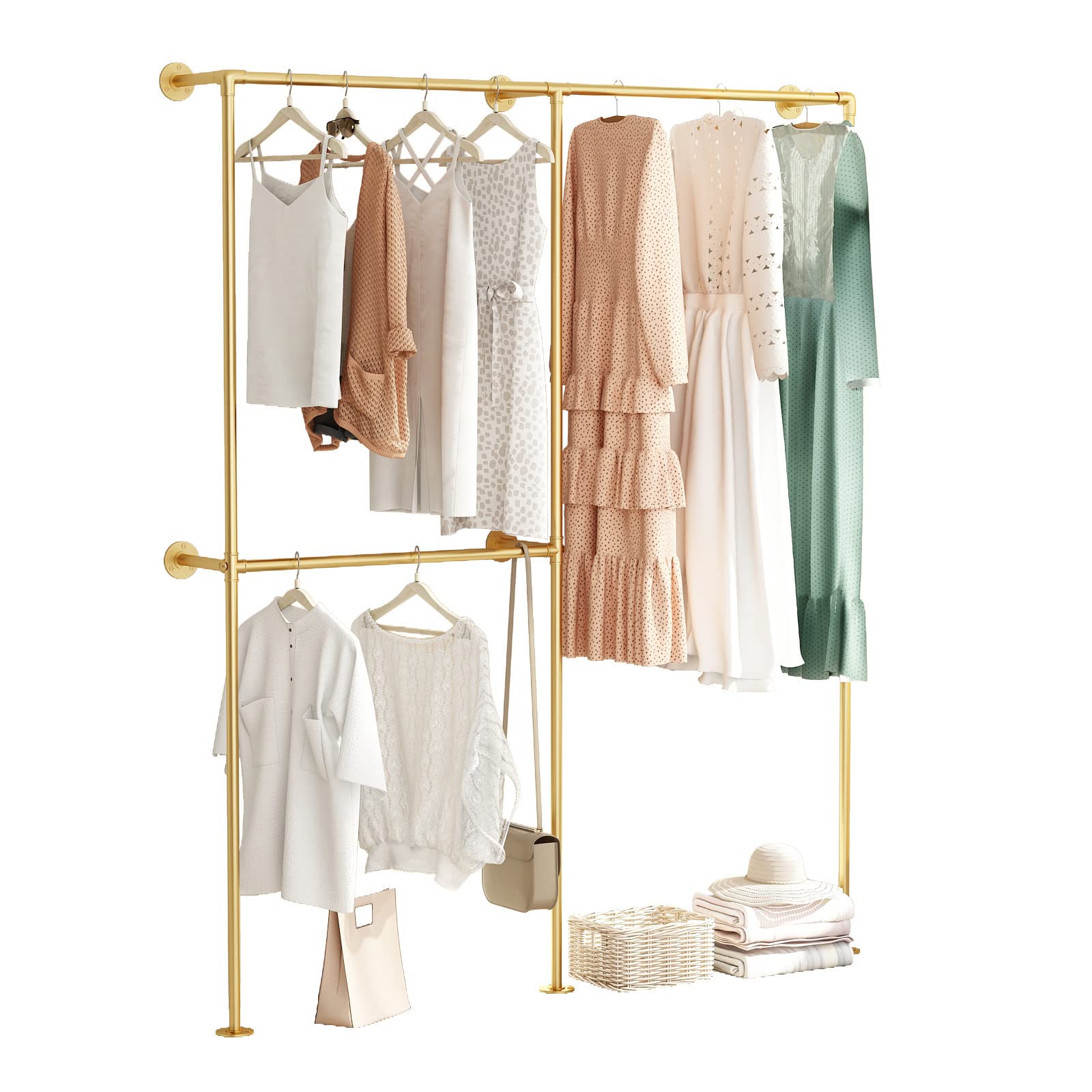 Dr.Iron Industrial Pipe Gold Clothing Racks With Double Bar, Industrial Pipe Clothes Racks Wall Mounted, Heavy Duty Gold Closet