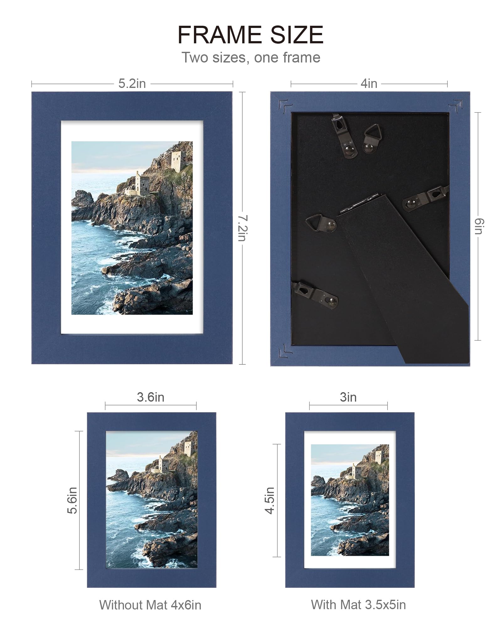 Hongkee 4x6 Picture Frame (4 Pack, Blue), Made of Real Glass and Wooden Frame - Display Pictures 3.5x5 with Mat or 4x6 Without M