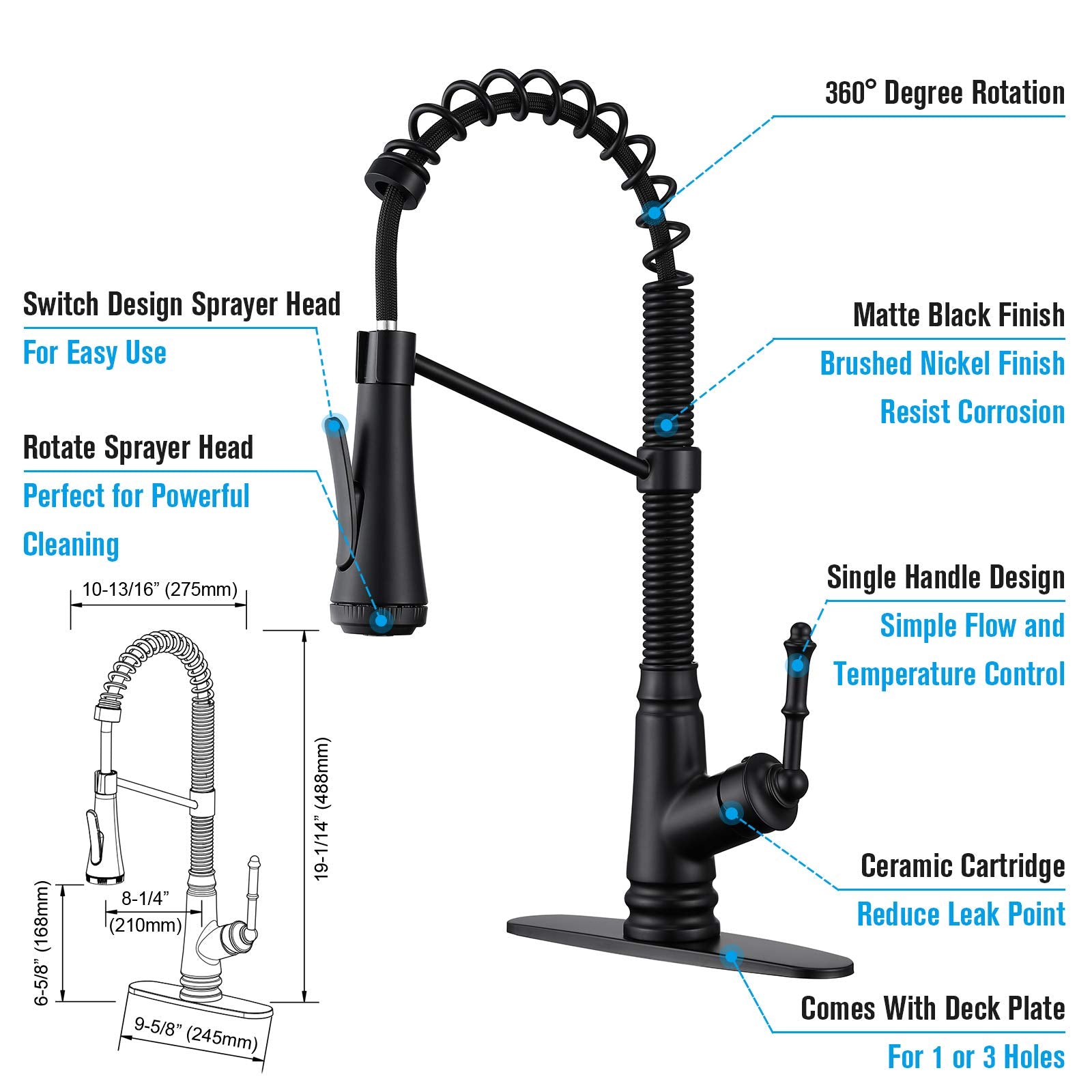 Single Level Kitchen Sink Faucet With Pull Down Sprayer, Single Handle Pull Out Kitchen Faucet, Matte Black