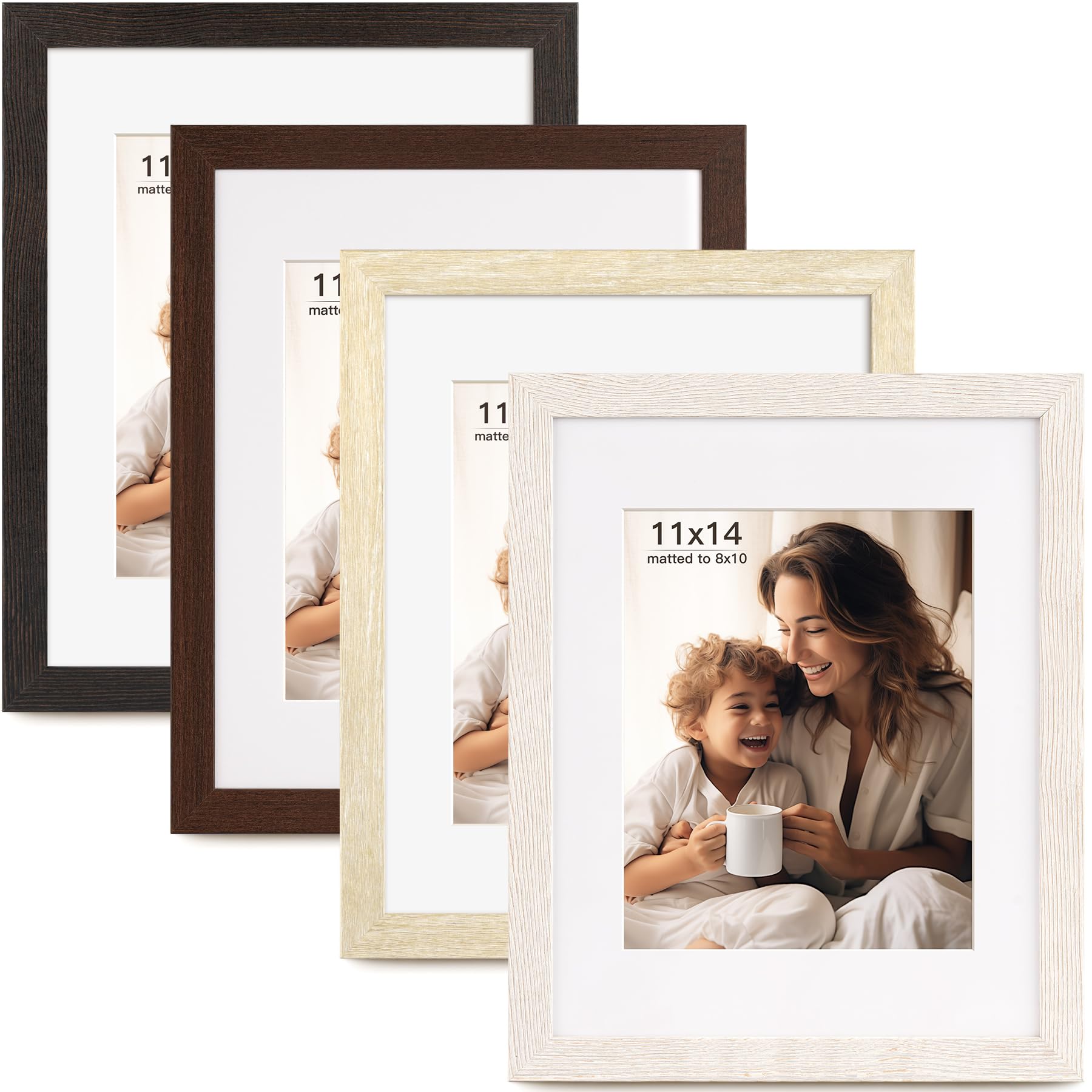 FinalFind 11x14 Picture Frame with Mat for 8x10, Set of 4 Natural Wood Grain 11 x 14 Frames for Horizontal &Vertical Wall Mounti