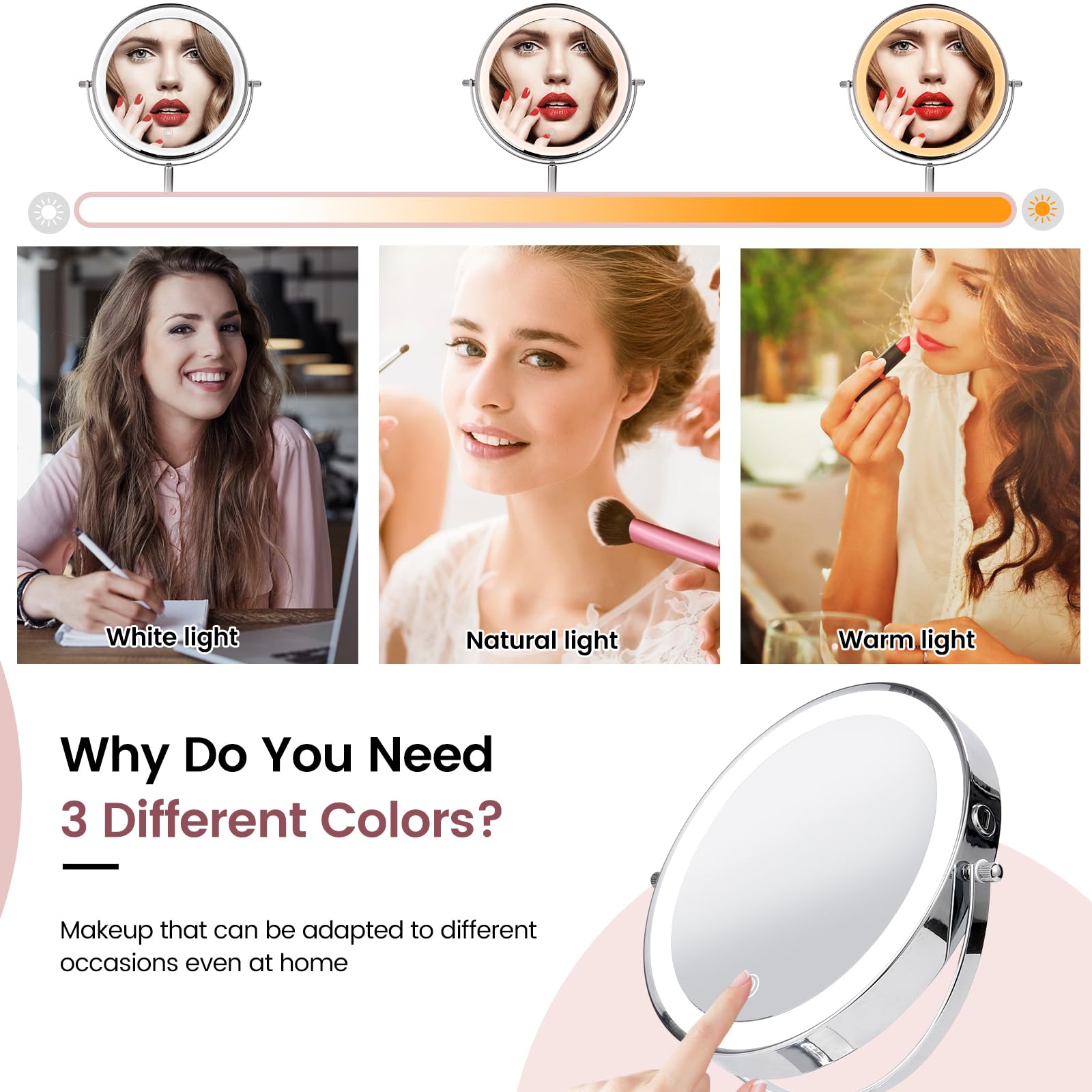 AumVum 8 Makeup Mirror with Lights, Vanity Mirror with 1X/10X Magnification, Touch Screen 3 Colors Dimmable 54 LED Lights Bright