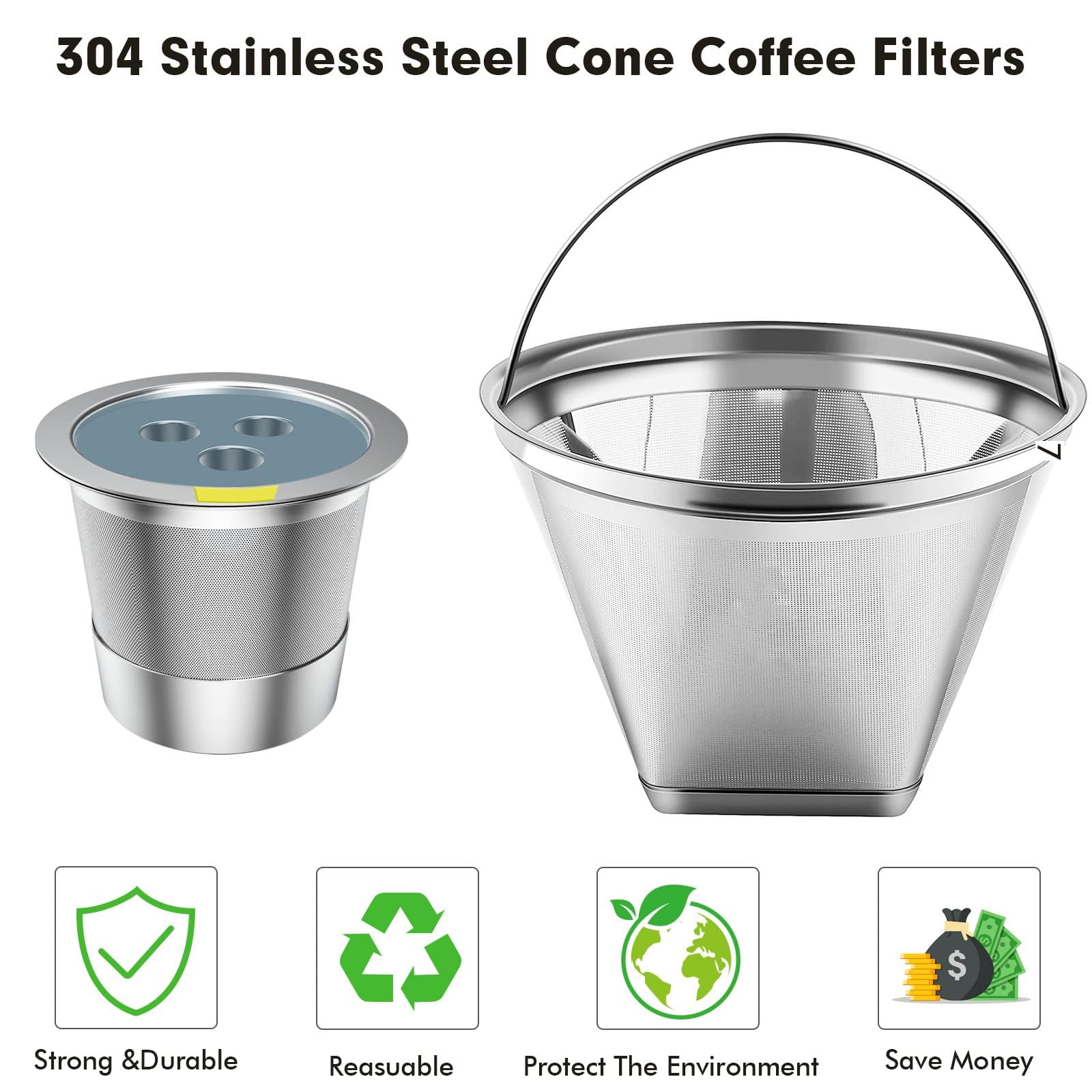Stainless Steel Reusable Coffee Filter Compatible With Ninja Dual Brew Coffee Maker, Reusable Coffee Pods With 4 Cone Coffee Fil
