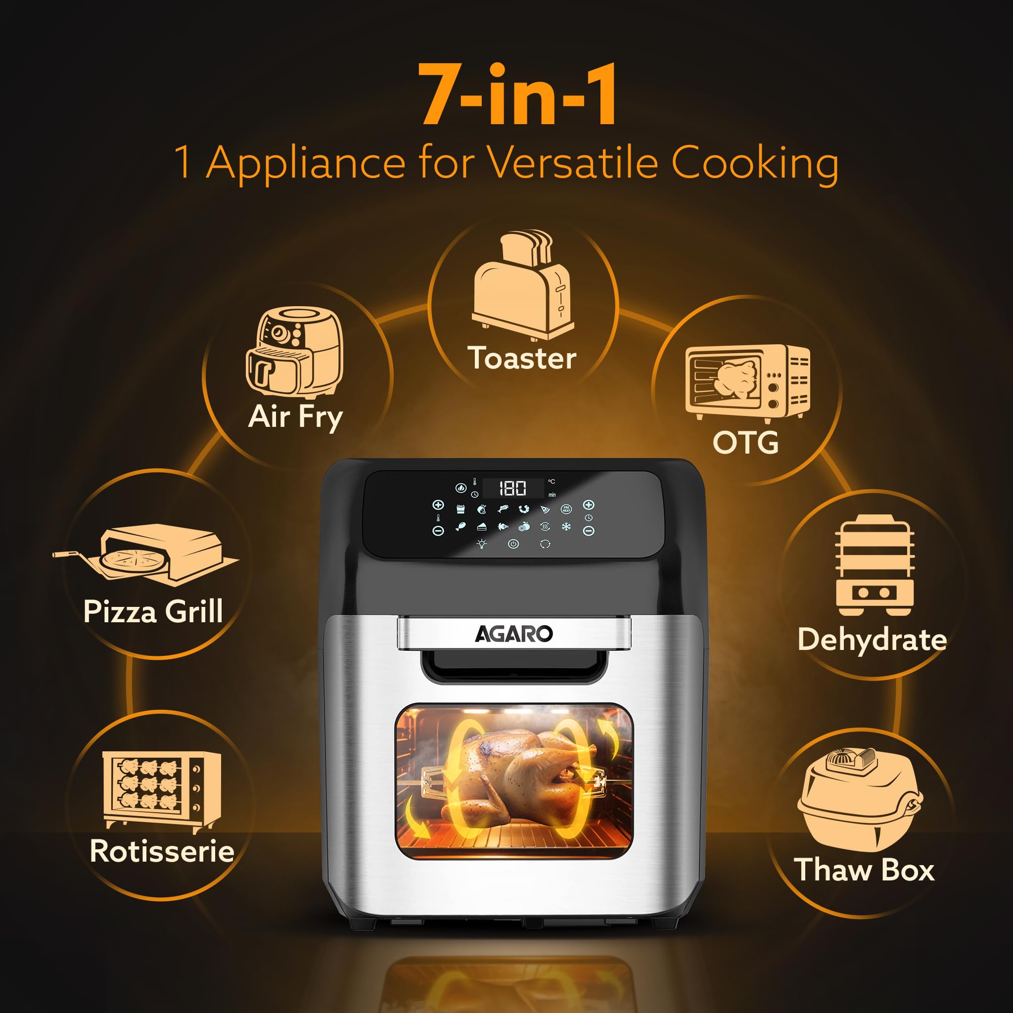 AGARO Regency Air Fryer For Home, 12L, Family Rotisserie Oven, 1800W, 9 Preset Menu, Electric Air Fryer Toaster Oven, Digital Di