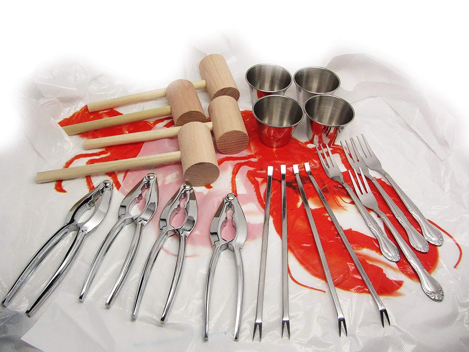 24Pc Lobster Bake Crab Shellfish Seafood Tool Kit Metal Crackers Picks Forks Mallets Bibs