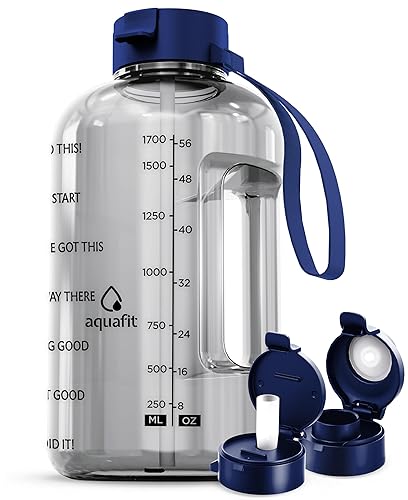 AQUAFIT Half Gallon Water Bottle With Time Marker - 64 oz Water Bottle With Straw - Gym Water Bottle With Strap - Big Water Bottle - Reusable Water Bottles With Straw - Large Water Bottle With Handle