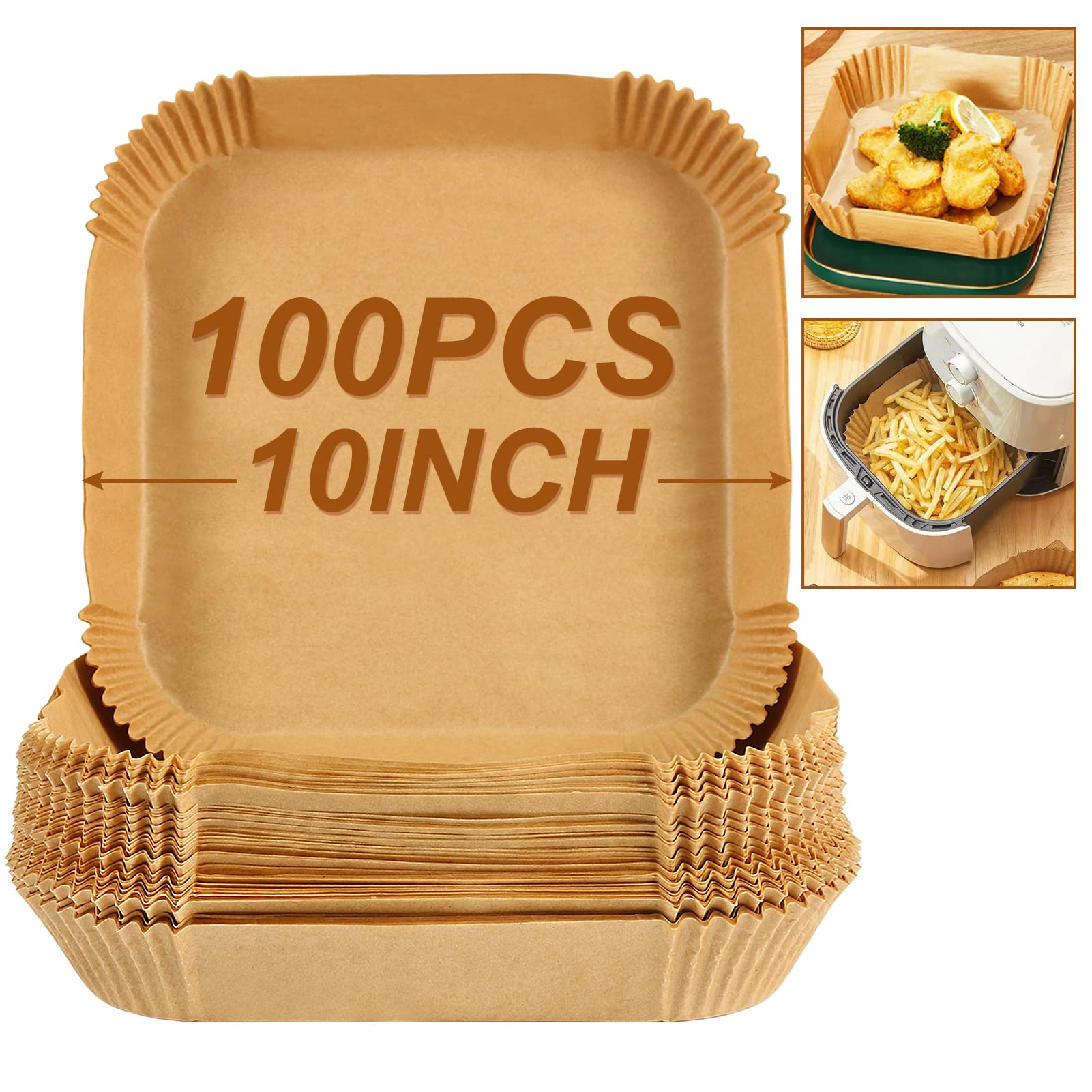 Bykitchen Large Air Fryer Liners, Set Of 100, 10 Inch Square Air Fryer Liners, Xl Air Fryer Disposable Paper Liner, Compatible W
