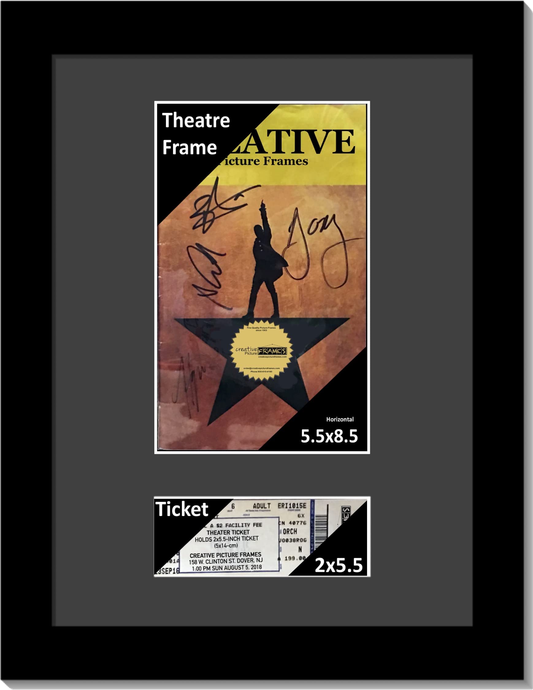 CreativePF [11x14bk-b] Black Theatre Frame with Black Matting, Holds 5.5x8.5-inch Media Plus Ticket Including Installed Wall Han