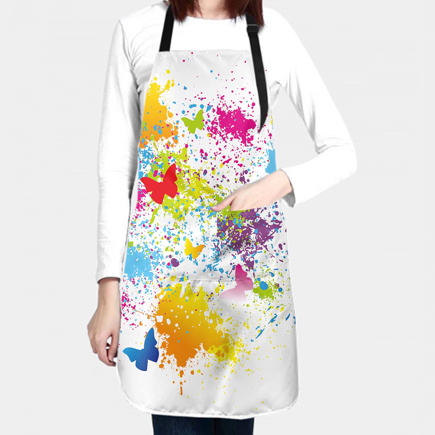 Sweetshow Artist Apron With 2 Pockets And Adjustable Neck Waterproof Colorful Butterfly Painting Aprons Art Smock Oil Paint Apro