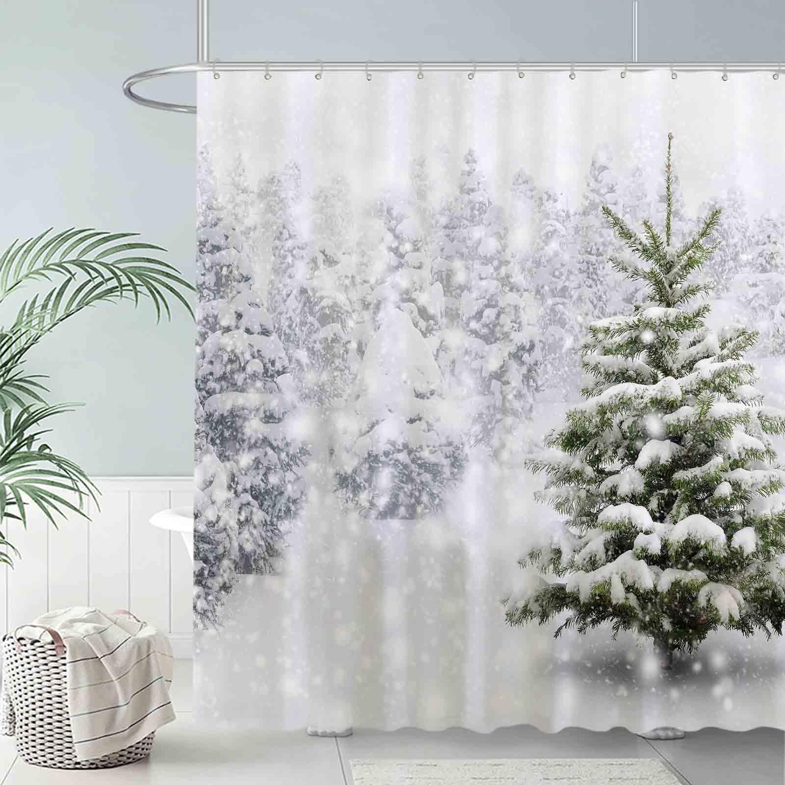 Allenjoy 72X72 Inch Christmas Shower Curtain Set Natural Winter Forest Snowflake Snowfall Bathroom Curtain Durable Waterproof Fa