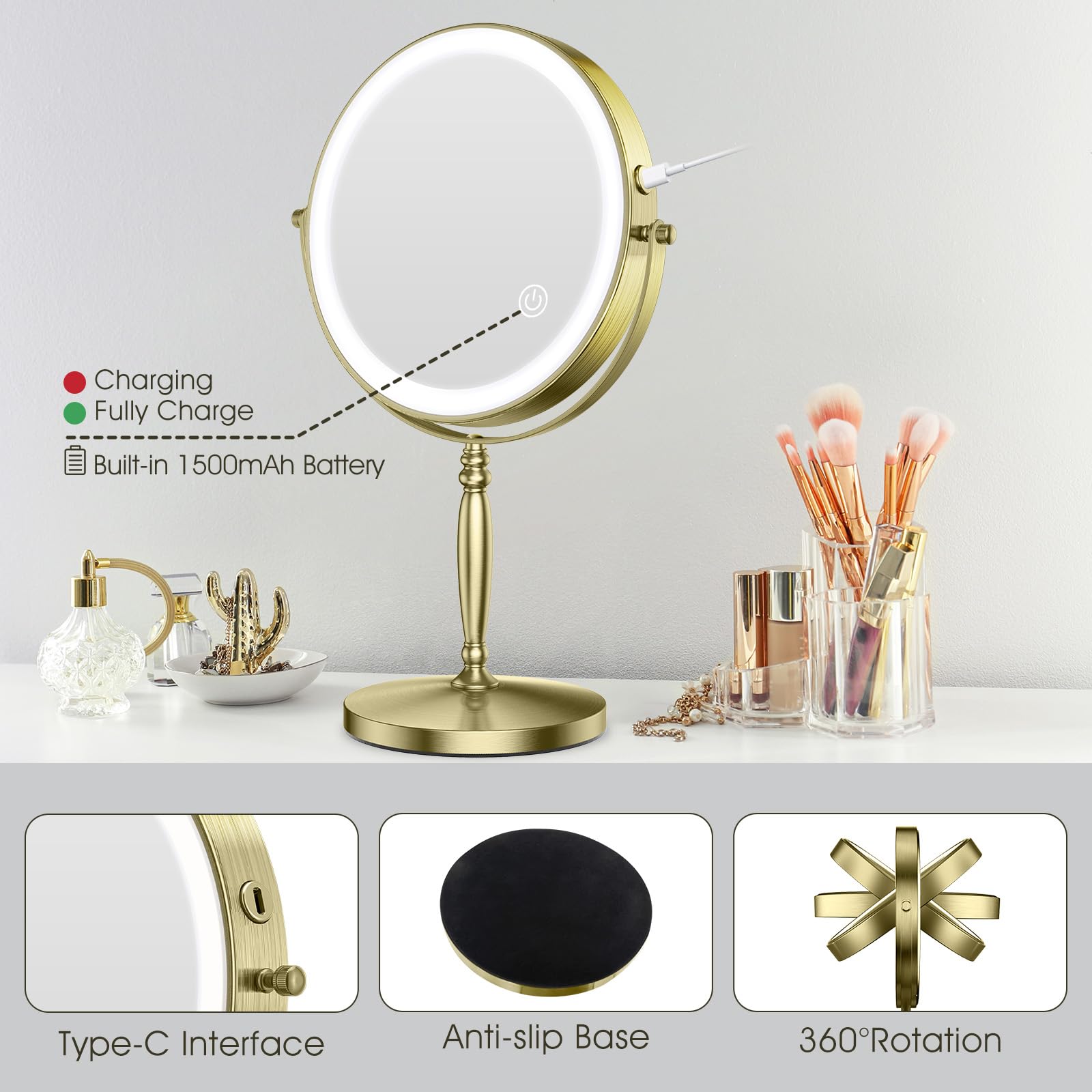 Matekxy 8'' Lighted Makeup Mirror, 1X/10X Magnifying Rechargeble Standing Double Sided Vanity Mirrors With 360Rotation, 3 Colors