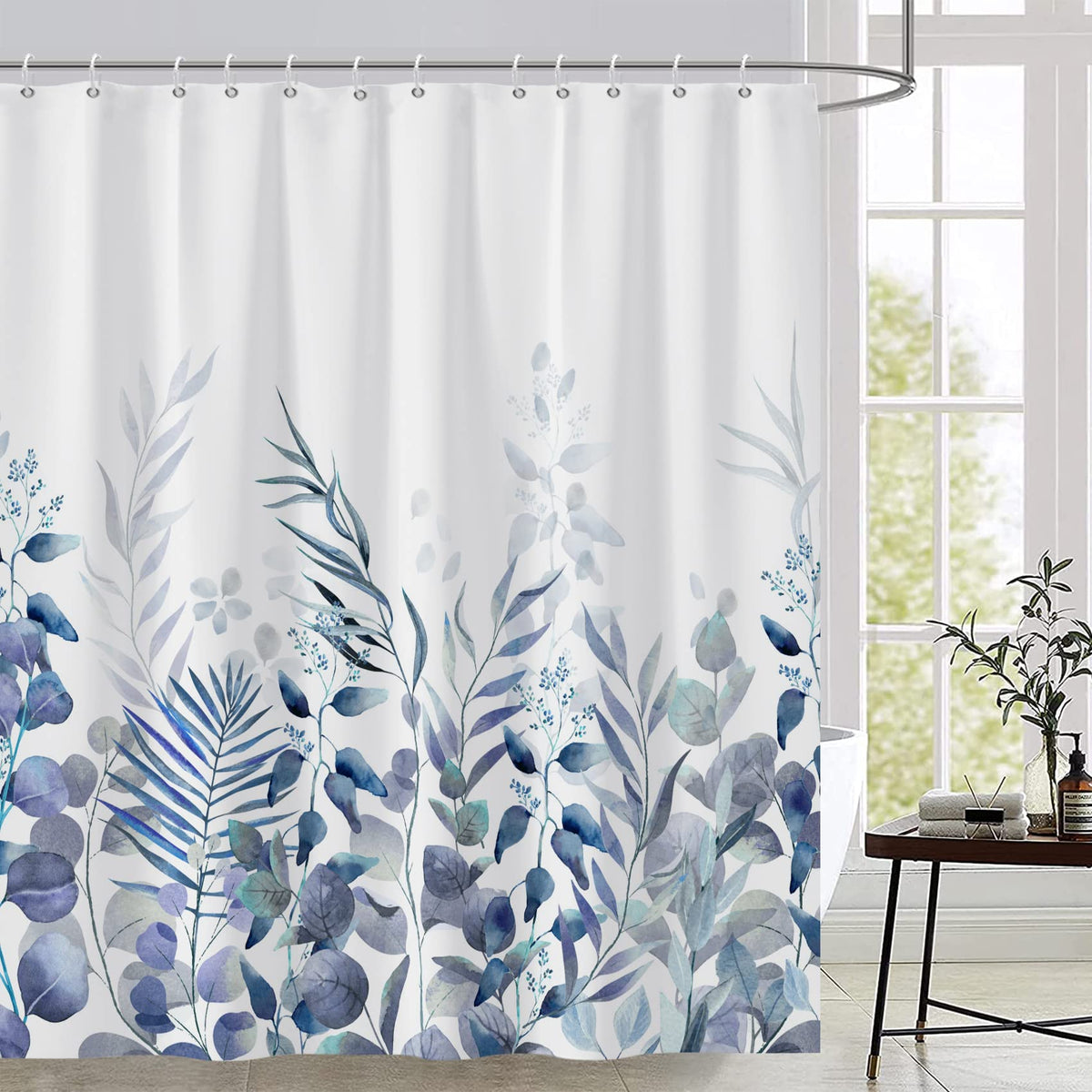 Awert Shower Curtain Plants For Bathroom,Waterproof Quick-Drying Blue Leaves Shower Curtain Set With Hooks 72X78 Inch