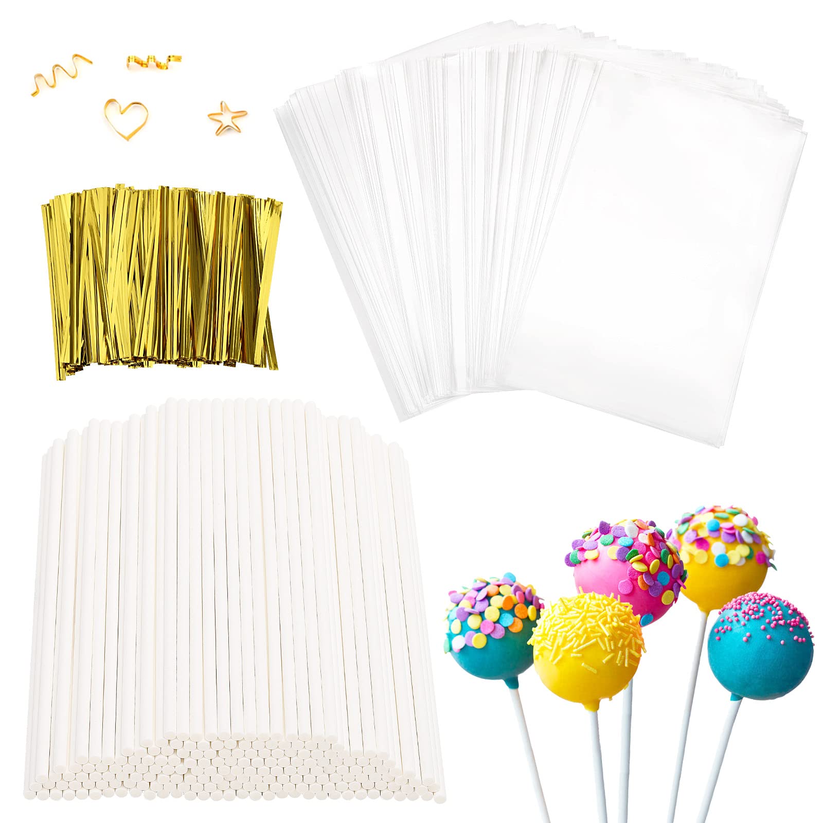600 Pcs Cake Pop Sticks And Wrappers Kit, Including 6 Inch Paper Lollipop Sticks,4 X 6 Inches Clear Candy Treat Bags, Plastic Ca