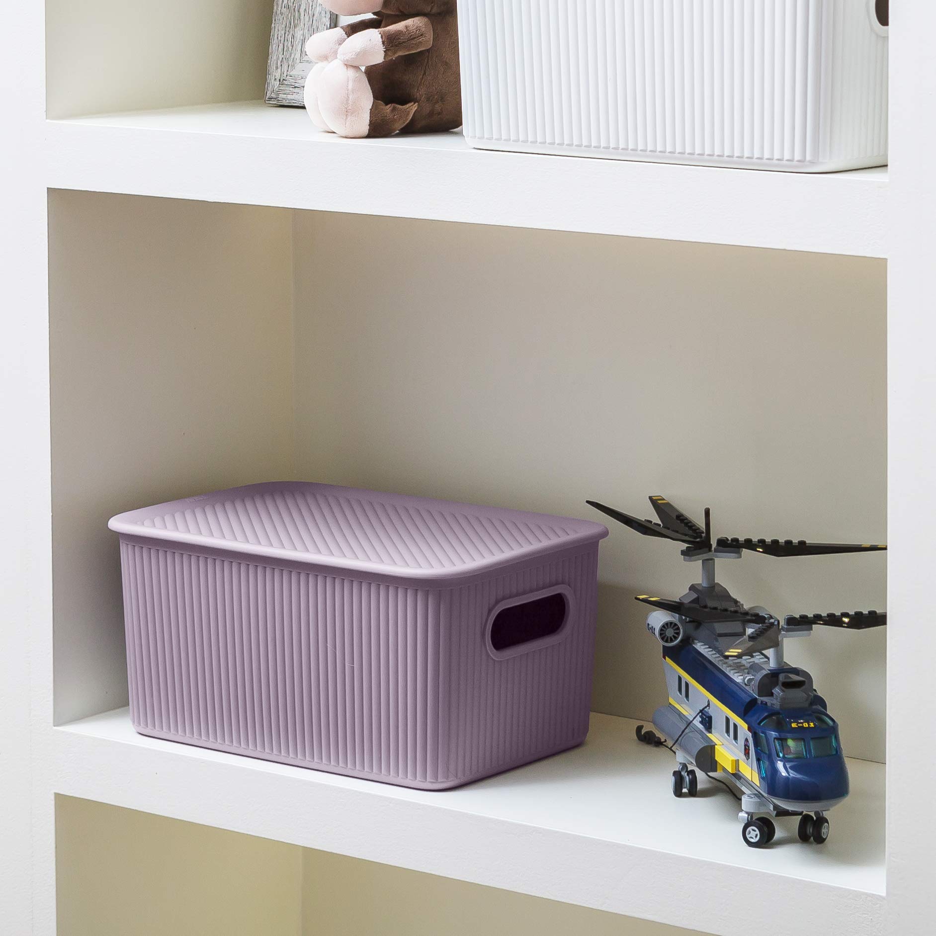 Superio Ribbed Collection - Decorative Plastic Open Home Storage Bins Organizer Baskets, Medium Lilac Purple (4 Pack) Container