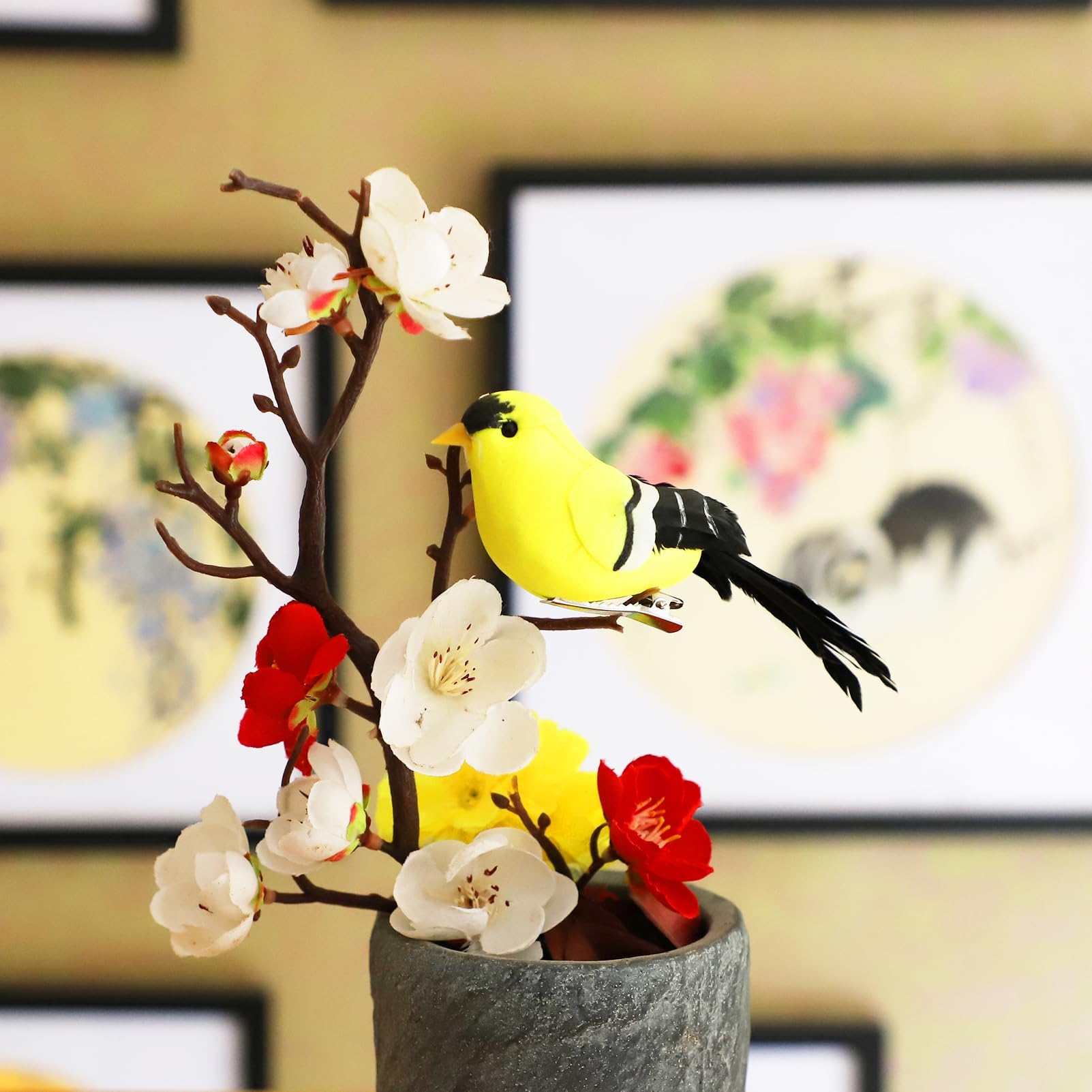 Artificial Birds Realistic Yellow Goldfinch 2 Pack Clip on Foam Feathered Bird Ornaments Figurines for Christmas Tree Decoration