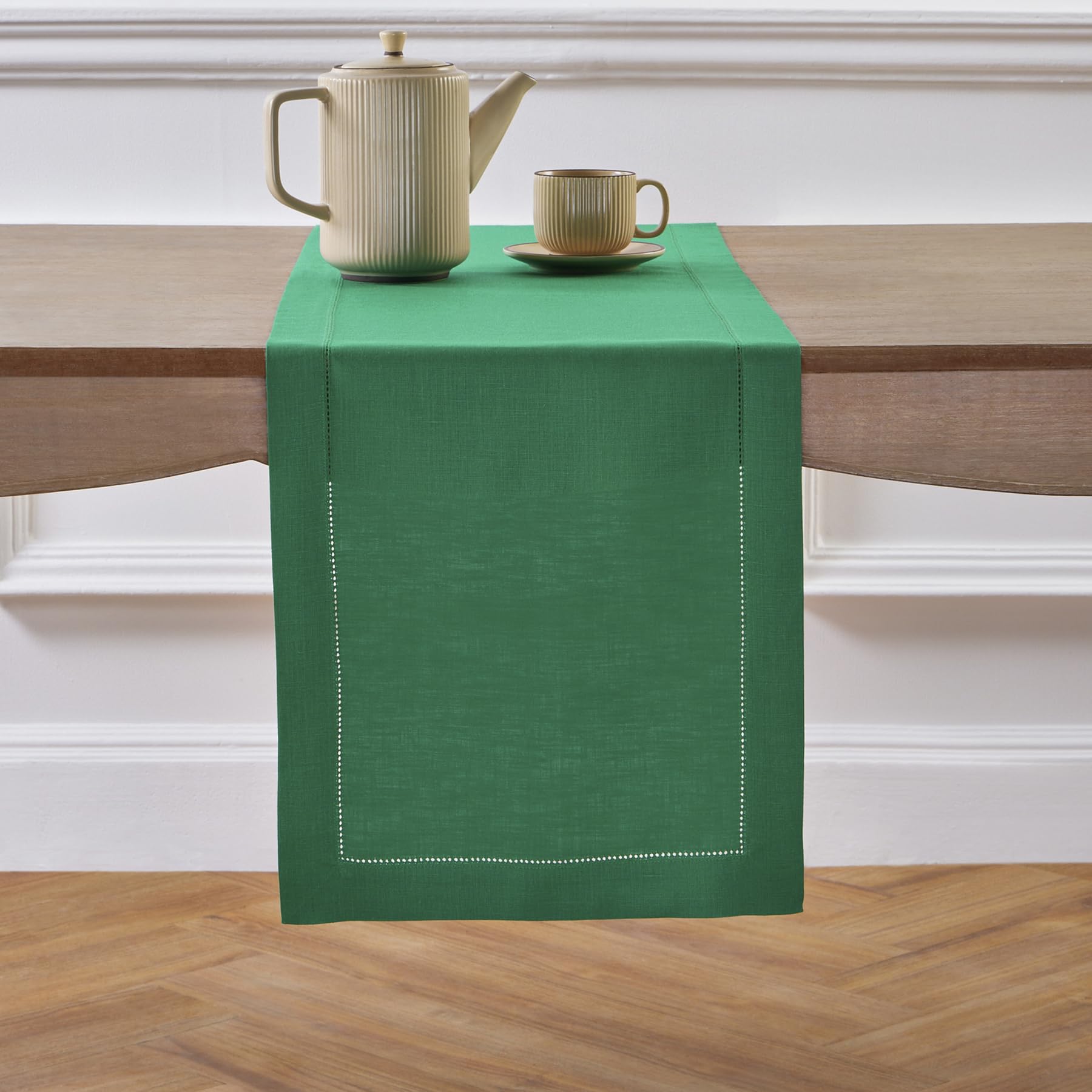 Solino Home Emerald Green Linen Table Runner 108 Inches Long - 100% Pure Linen Classic Hemstitch Table Runner 14 X 108 Inch - Ma