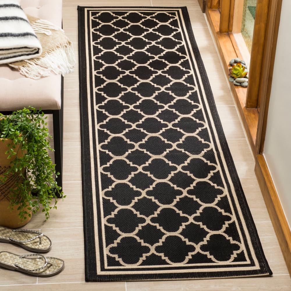 SAFAVIEH Courtyard Collection 23 x 16 Black/Beige CY6918 Trellis Indoor/ Outdoor Patio Backyard Mudroom Runner Rug