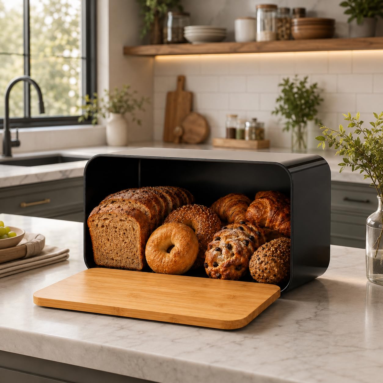 IESNARISLIA Bread Box, Black Metal Bread Storage Container with Bamboo Lid Usable as Cutting Board, Large Breadbox Holder for Ki