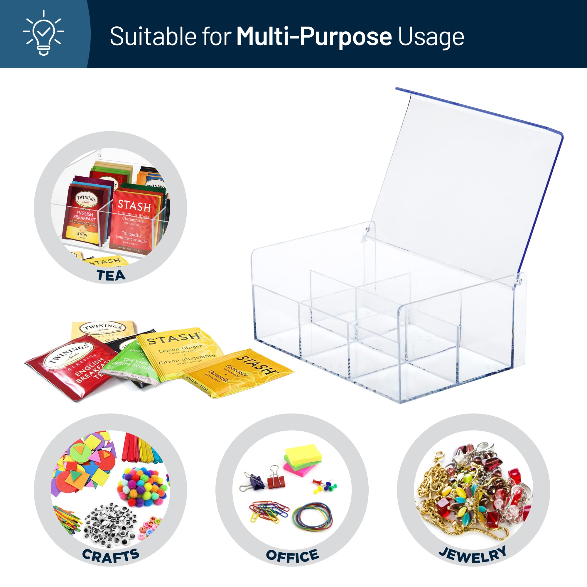 Royalhouse Acrylic Tea Bag Holder Storage Organizer, 6 Compartment Bpa Free Clear Plastic Tea Box With Lid, Multi-Purpose Storag