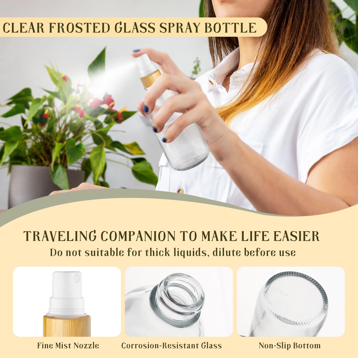 Dmuuudm 4-Pack 4 Oz Glass Spray Bottle With Bamboo Lid,Empty Refillable Fine Mist Atomizer,Leak-Proof Travel Liquid Holder Conta