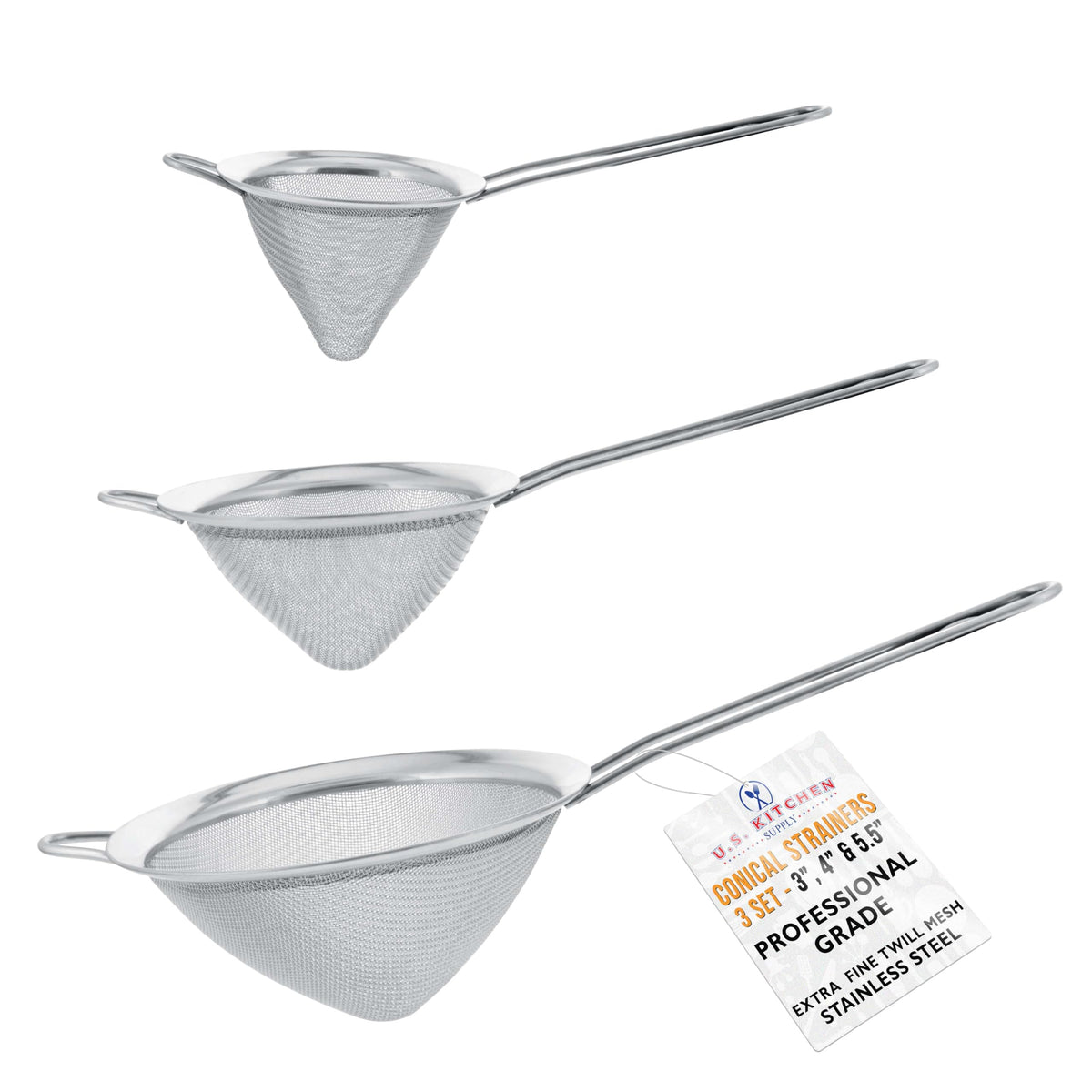 U.S. Kitchen Supply - Set Of 3 Premium Quality Extra Fine Twill Mesh Stainless Steel Conical Strainers - 3'', 4'' And 5.5'' Size