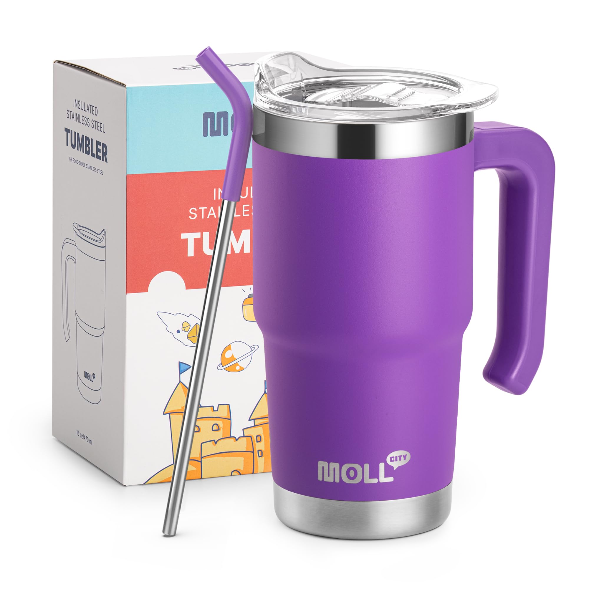Mollcity Kids 16 oz Tumbler with Handle-Stainless Steel Double Wall Vacuum Insulated Water Cup with Lid and Straw, Leak Proof- B