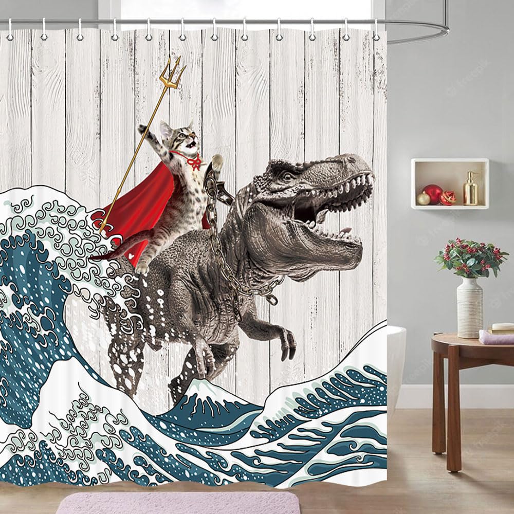 Funny Cat Shower Curtain, Cool Cat Dinosaur Japanese Ocean Wave Shower Curtain, Cat Riding Dinosaur Fun Shower Curtain Nautical