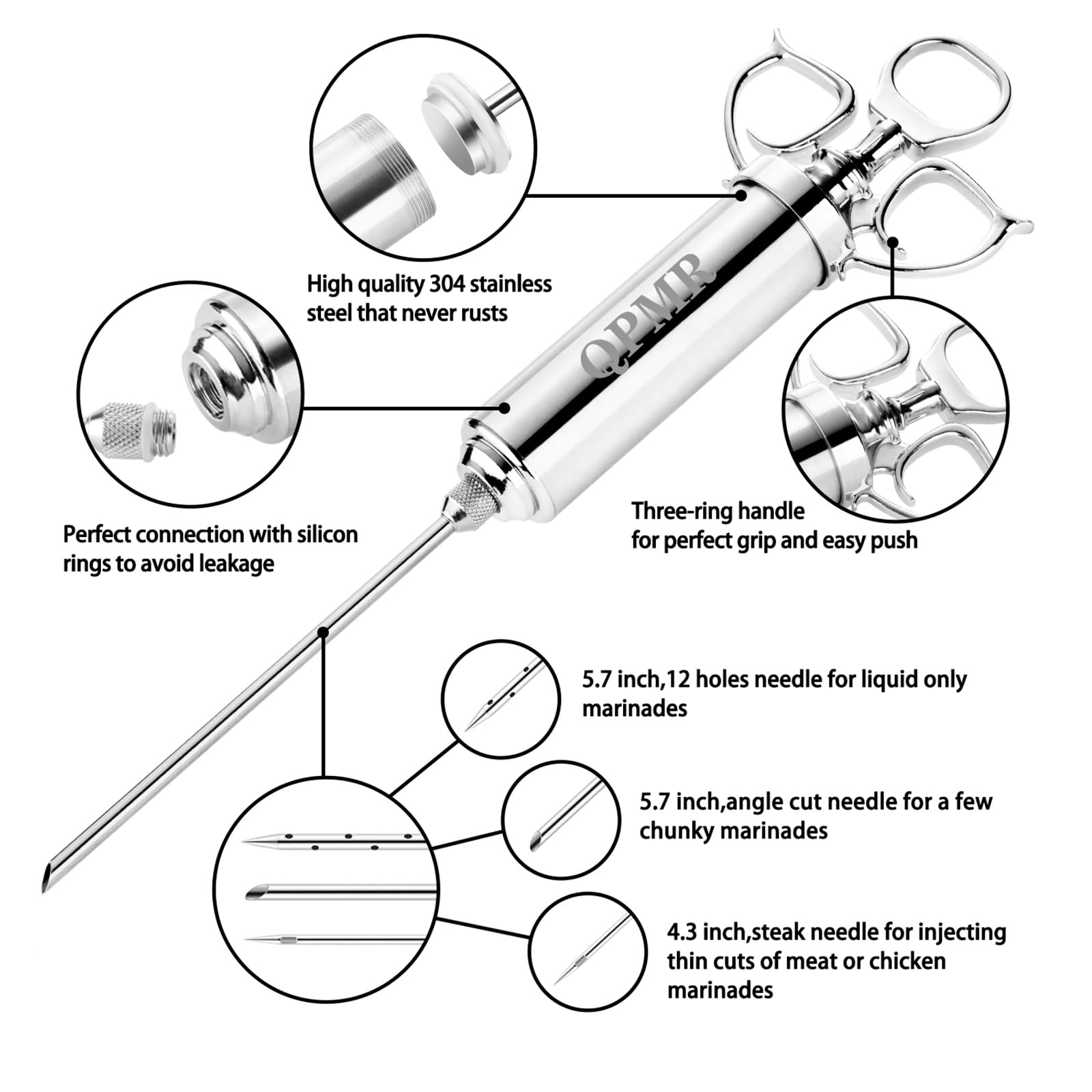 Qpmr Meat Injector Syringe Kit, 2-Oz Large Capacity Marinade Turkey Injector With 3Pcs Stainless Steel Marinade Injector Needles