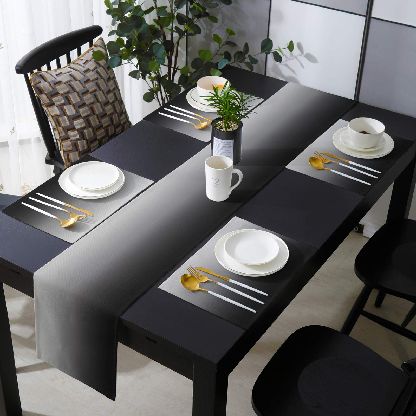 Artwork Store 70 Inch Table Runner And Placemats Set Of 6 Kits For Dinner Table, Ombre Black Grey Heat Resistant Cotton Linen Ta