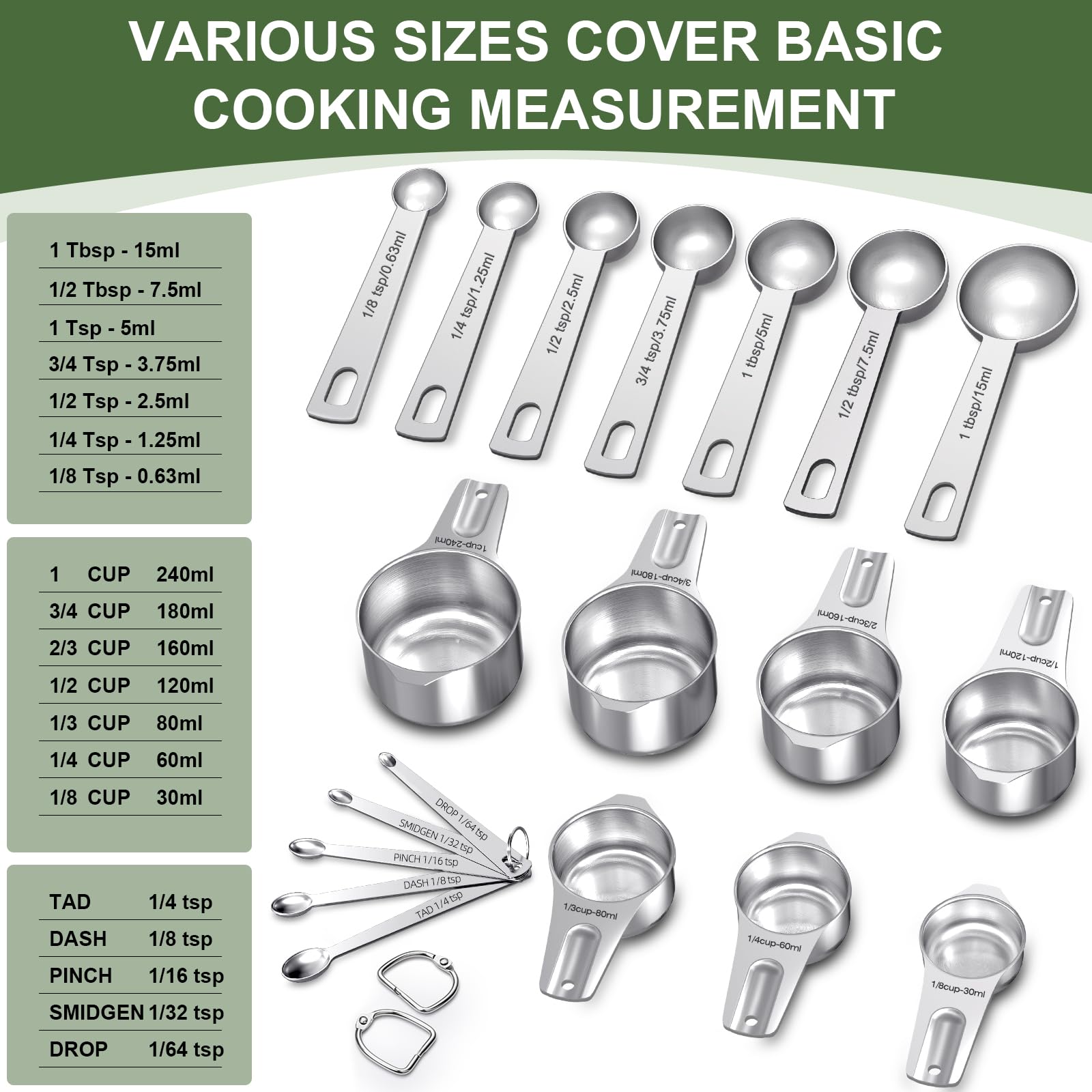 Measuring Cups And Spoons Set, 7 Stainless Steel Nesting Measuring Cups & 7 Spoons, 5 Mini Measuring Spoons & 2 Detachable Rings