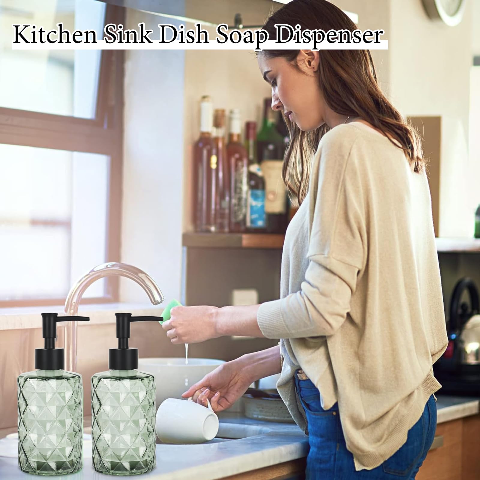 Clear Green Glass Soap Dispenser With Pump, 12Oz Diamond Design Hand Soap Dispenser, Refillable Lotion Dispenser & Dish Soap Dis
