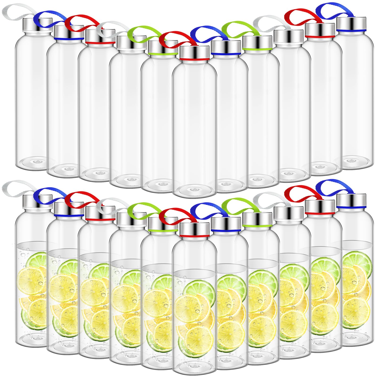 Zubebe 24 Pcs Reusable Clear Water Bottles Bulk with Stainless Steel Leak Proof Lids Sports Bottles with Nylon Camying Strap for
