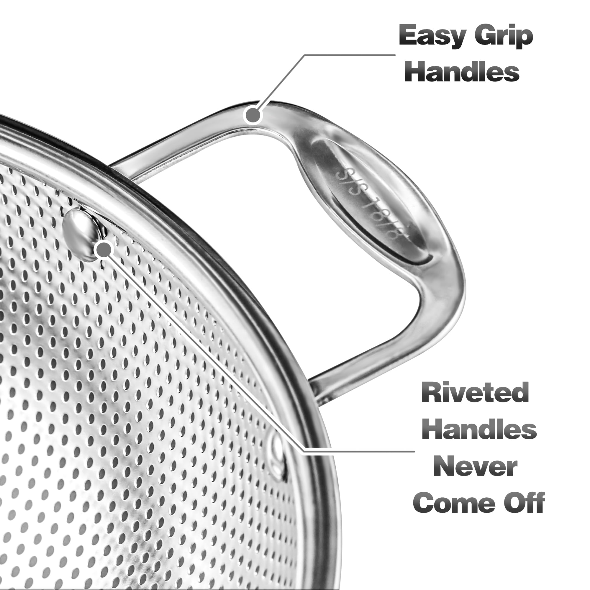 Extra Large 6-Qt Colander, 18/8 Stainless Steel Mesh Strainer For Kitchen, Food Sieve With Riveted Handles And Self-Draining Sol