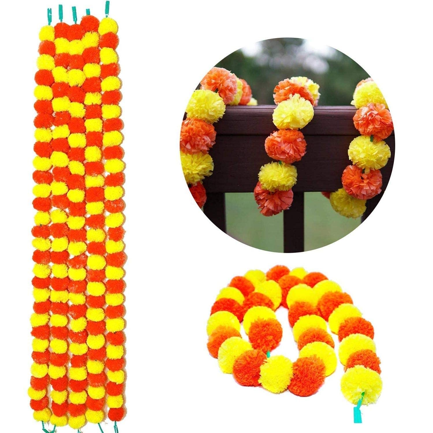Klassic Artificial Marigold Flowers For Pooja & Festival Decoration/Door Hangings (Orange And Yellow, Set Of 5)